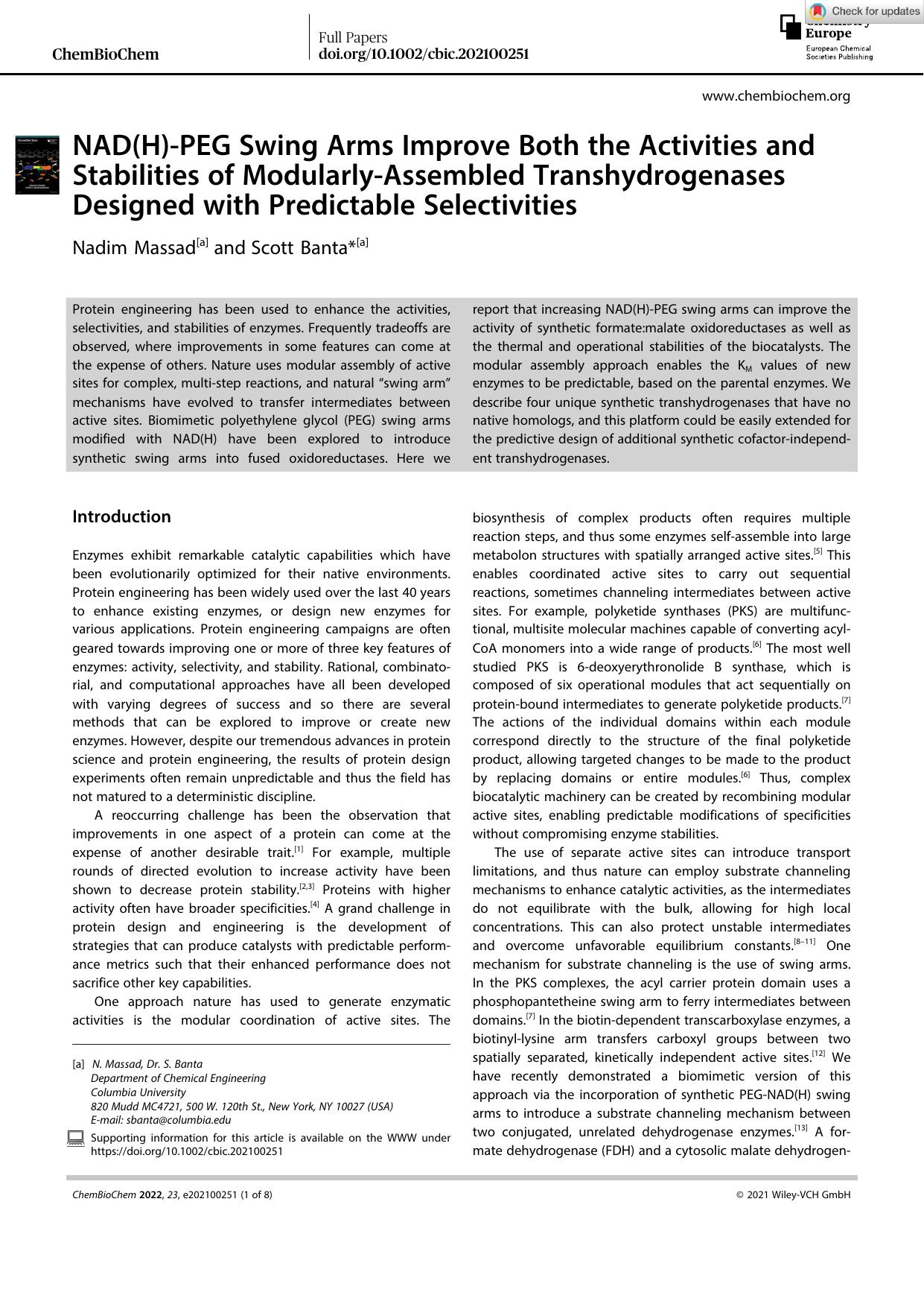 NAD(H)âPEG Swing Arms Improve Both the Activities and Stabilities of ModularlyâAssembled Transhydrogenases Designed with Predictable Selectivities by Unknown