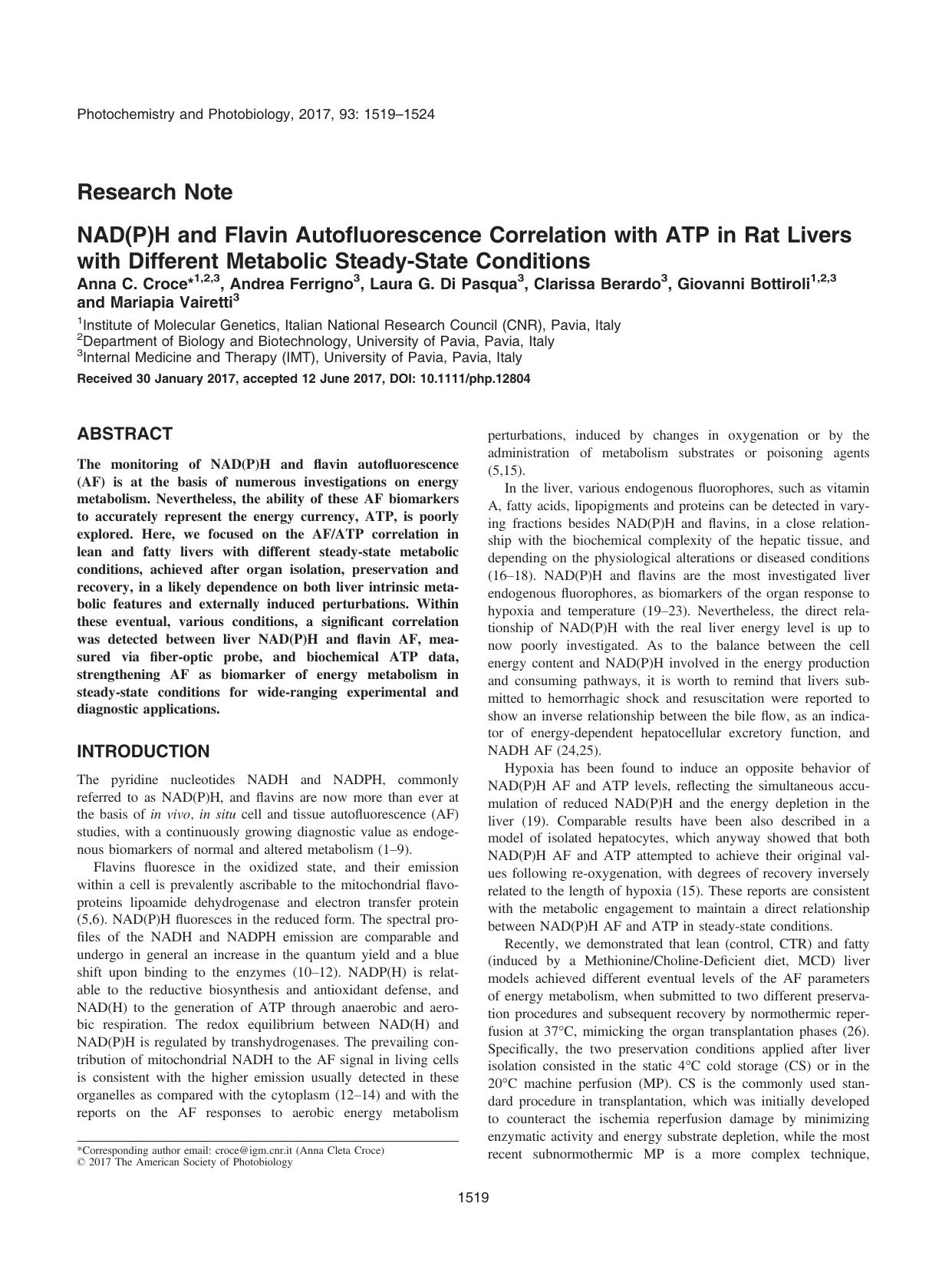 NAD(P)H and Flavin Autofluorescence Correlation with ATP in Rat Livers with Different Metabolic SteadyâState Conditions by Unknown