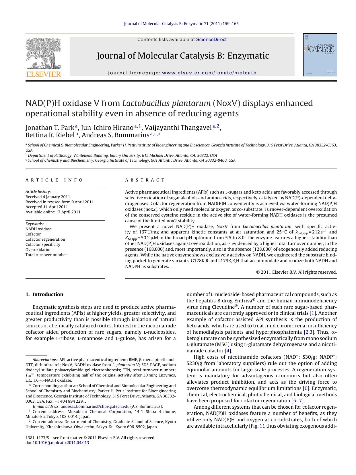 NAD(P)H oxidase V from Lactobacillus plantarum (NoxV) displays enhanced operational stability even in absence of reducing agents by Jonathan T. Park