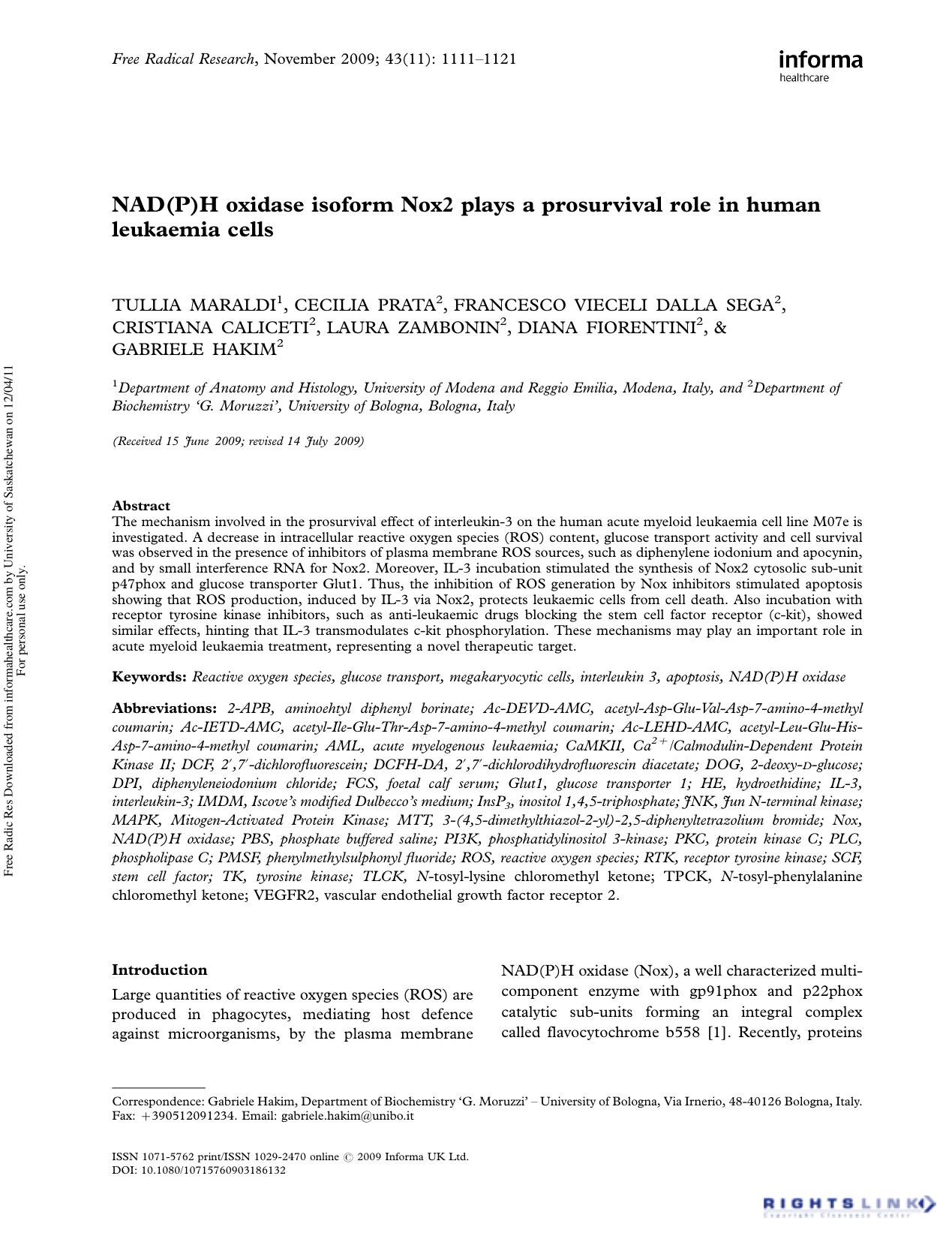 NAD(P)H oxidase isoform Nox2 plays a prosurvival role in human leukaemia cells by unknow