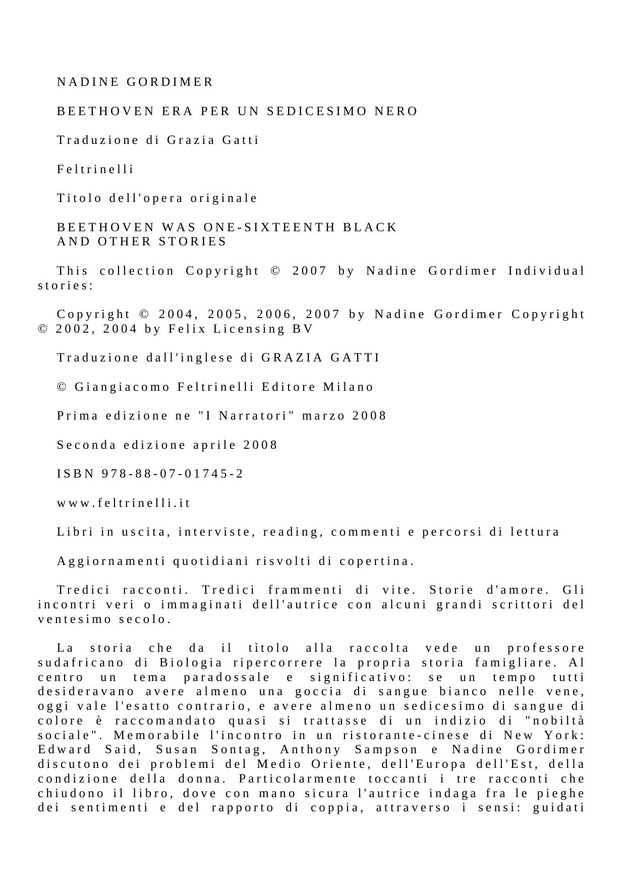 NADINE GORDIMER by Beethoven era per un sedicesimo nero