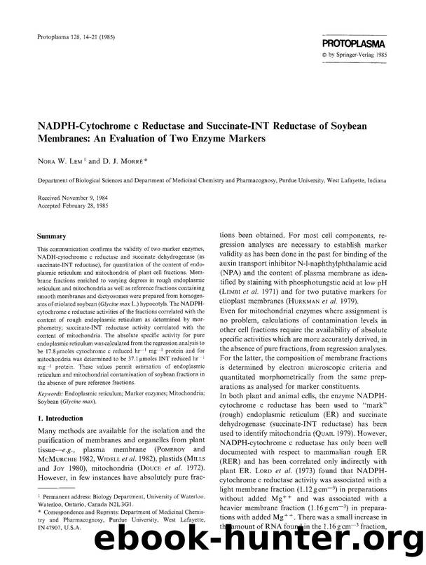 NADPH-cytochrome c reductase and succinate-INT reductase of soybean membranes: An evaluation of two enzyme markers by Unknown