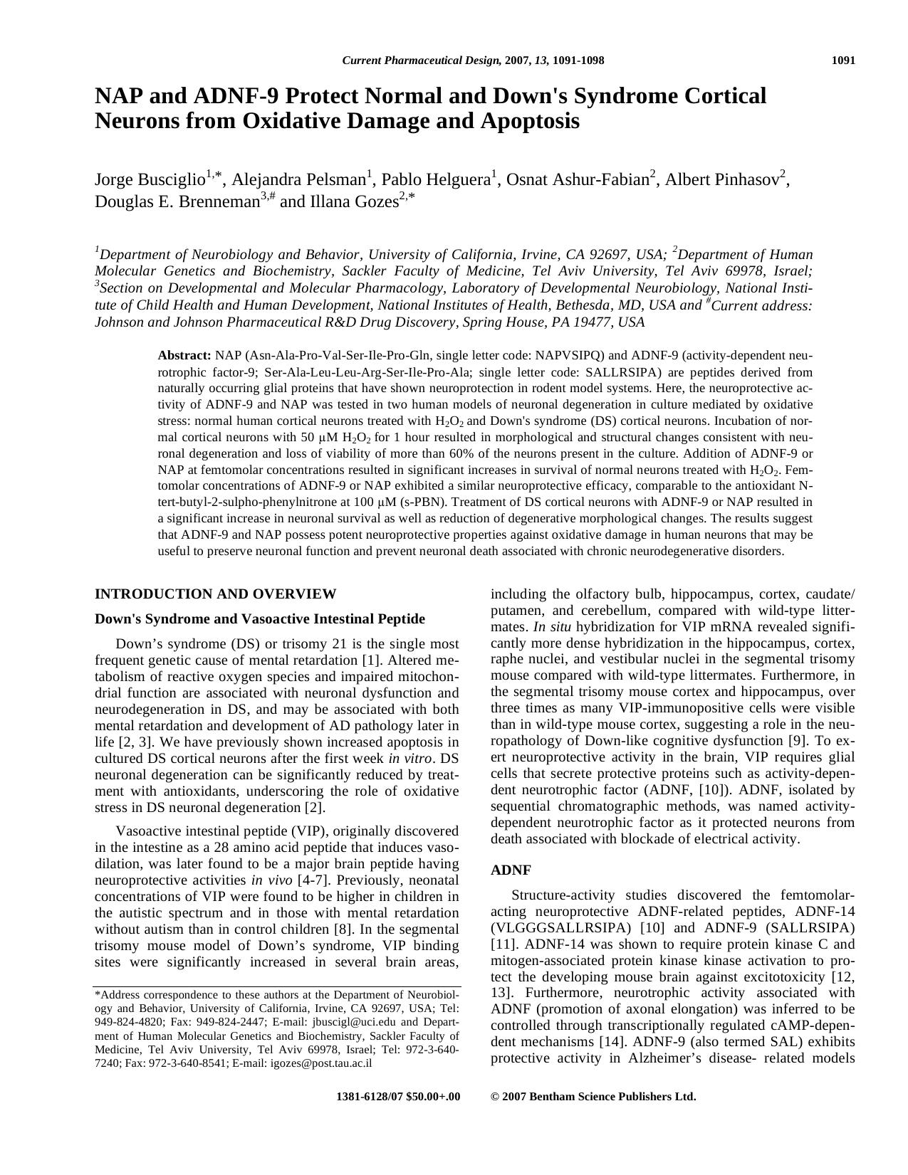 NAP and ADNF-9 Protect Normal and Down's Syndrome Cortical Neurons from Oxidative Damage and Apoptosis by unknow