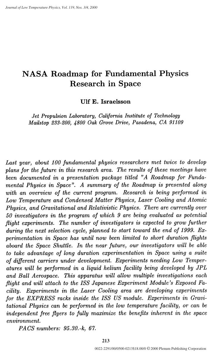 NASA Roadmap for Fundamental Physics Research in Space by Unknown