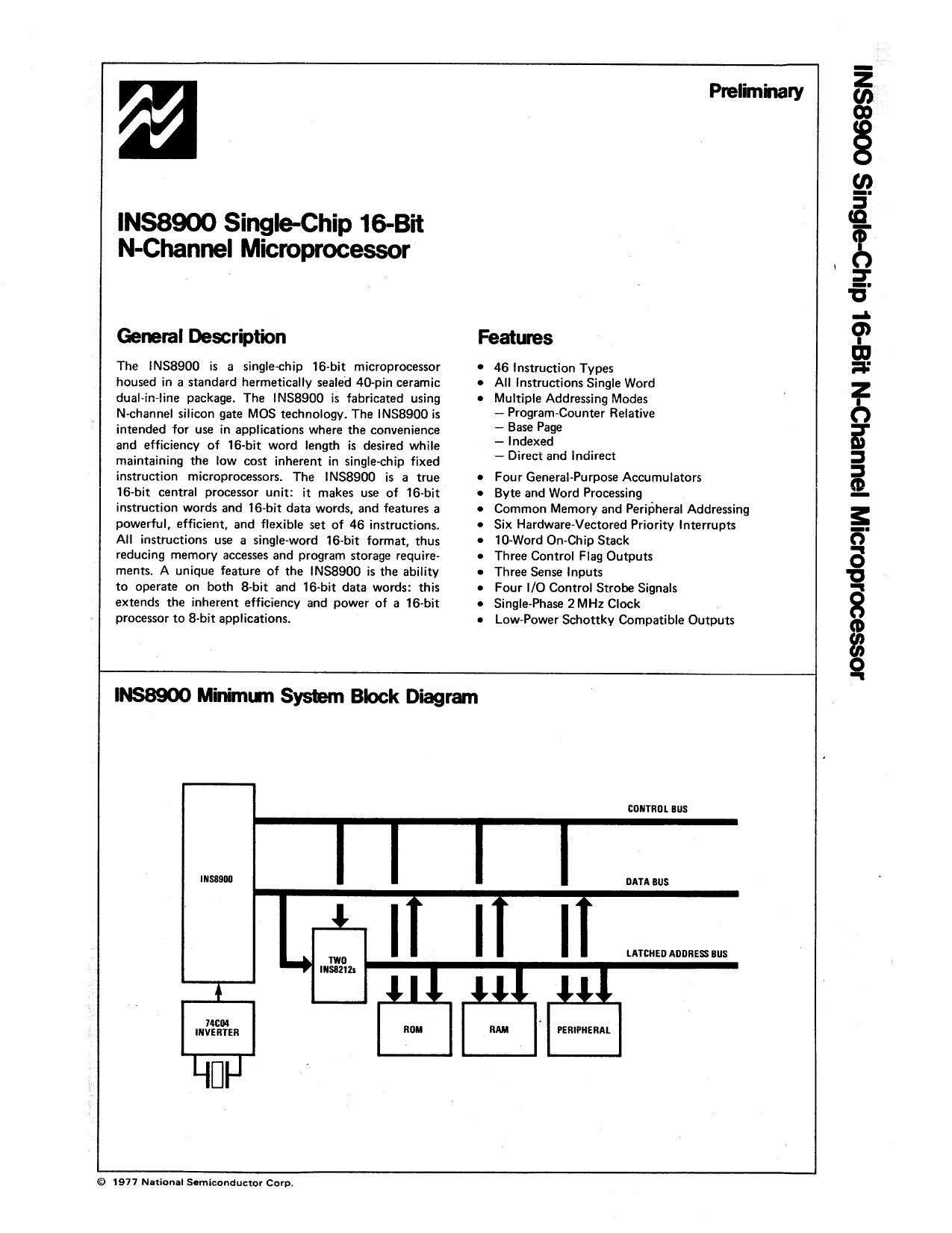 NATIONAL SEMICONDUCTOR INS8900 Microprocessor by Datasheet WW