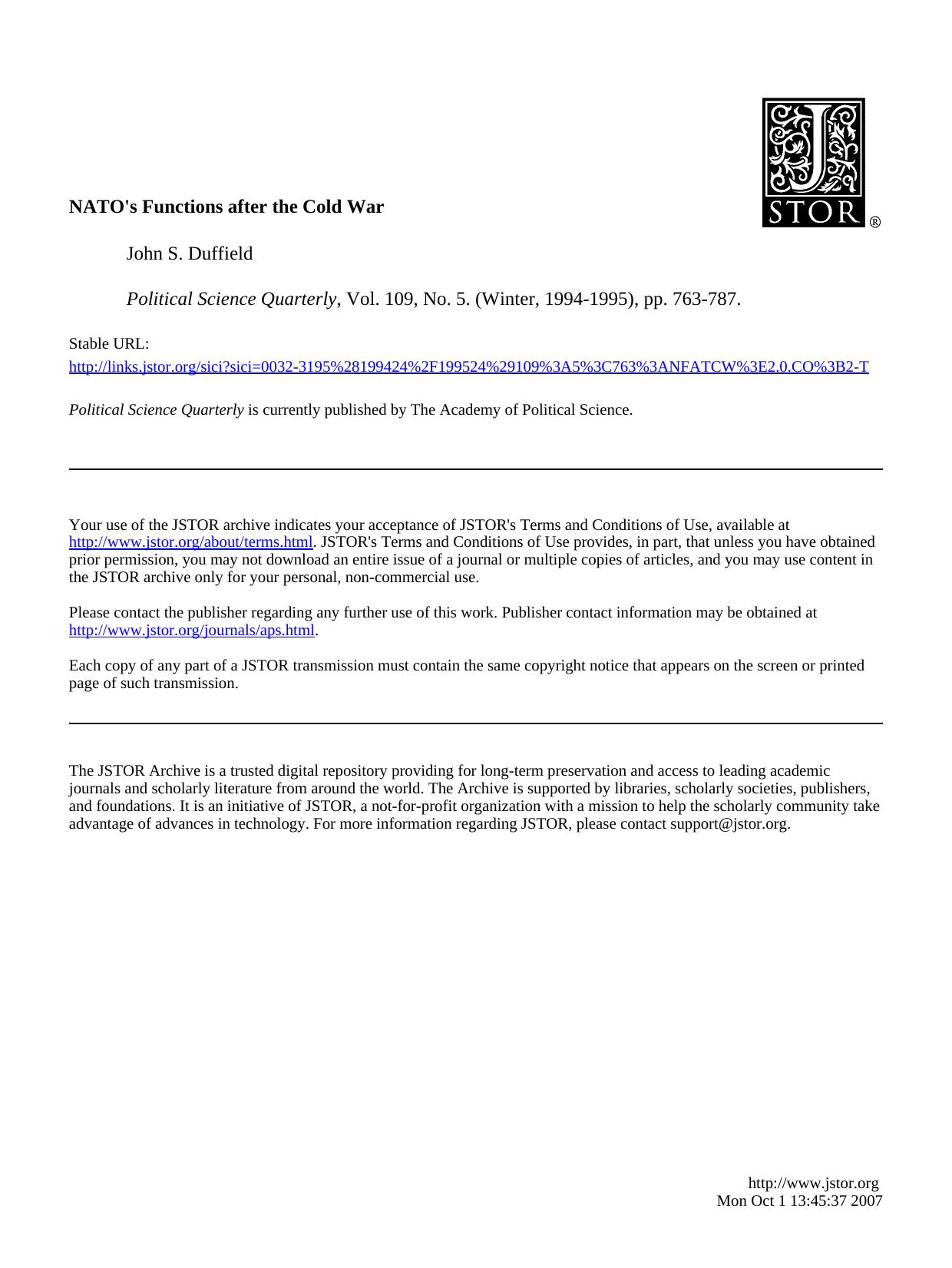 NATO Functions Ð°fter the Cold War by Duffield John S
