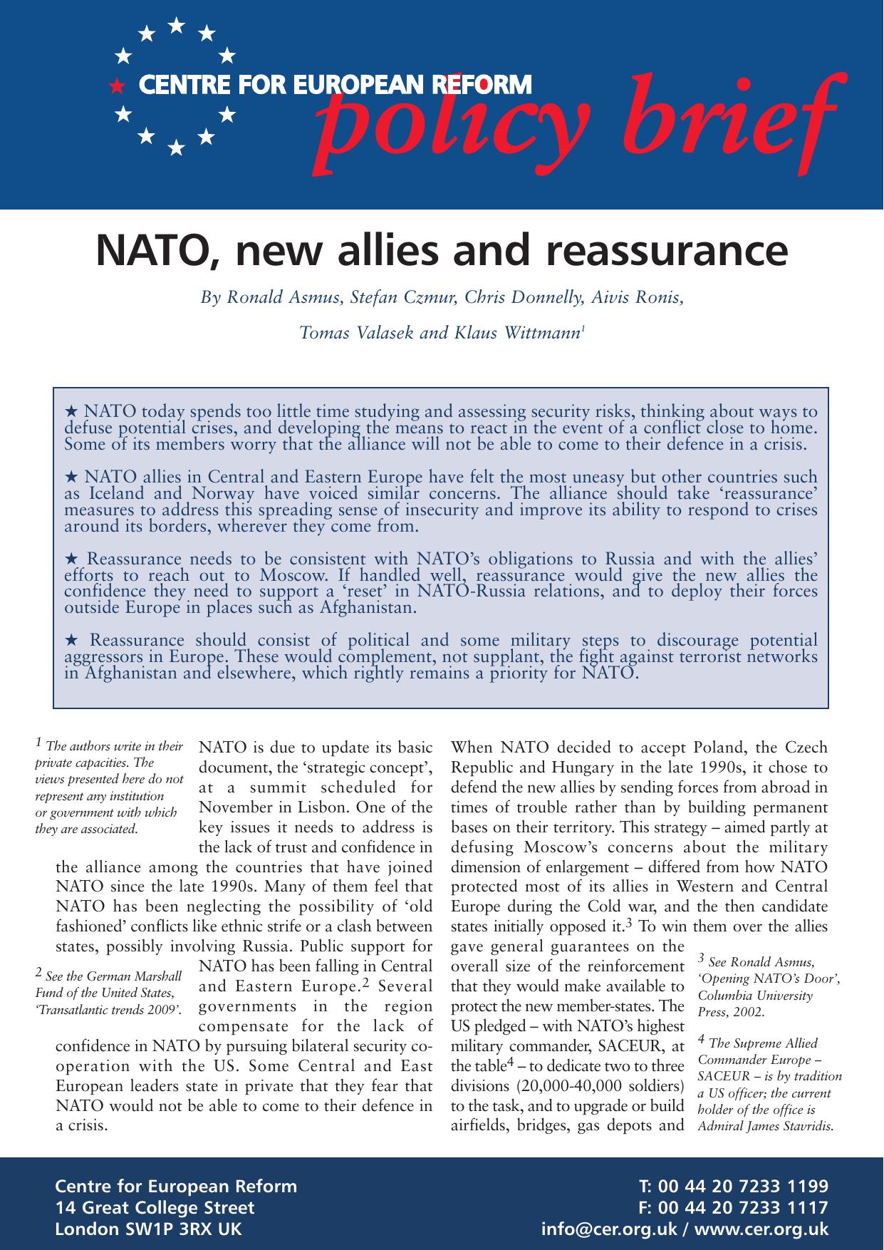NATO, new allies and reassurance by Ronald Asmus Stefan Czmur Chris Donnelly Aivis Ronis Tomas Valasek and Klaus Wittmann