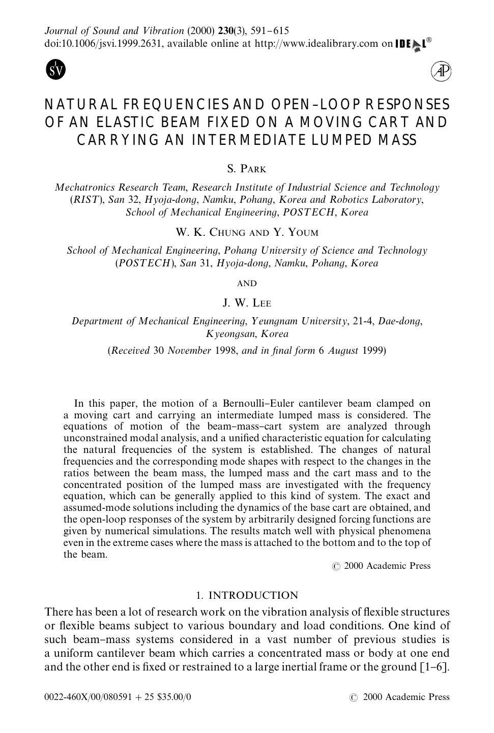 NATURAL FREQUENCIES AND OPENâLOOP RESPONSES OF AN ELASTIC BEAM FIXED ON A MOVING CART AND CARRYING AN INTERMEDIATE LUMPED MASS by PARK S. et al