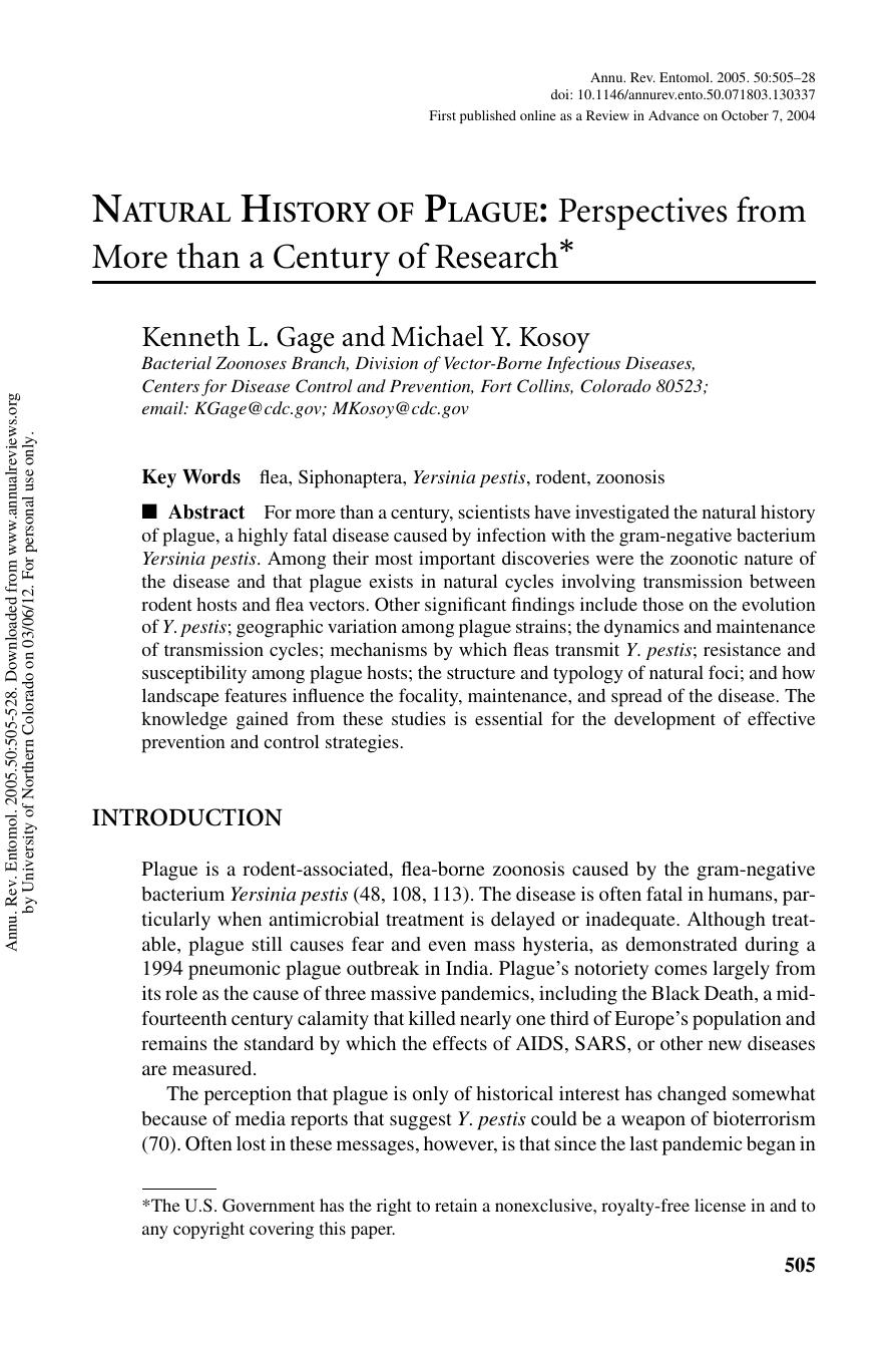 NATURAL HISTORY OF PLAGUE: Perspectives from More than a Century of Research* by Kenneth L. Gage & Michael Y. Kosoy
