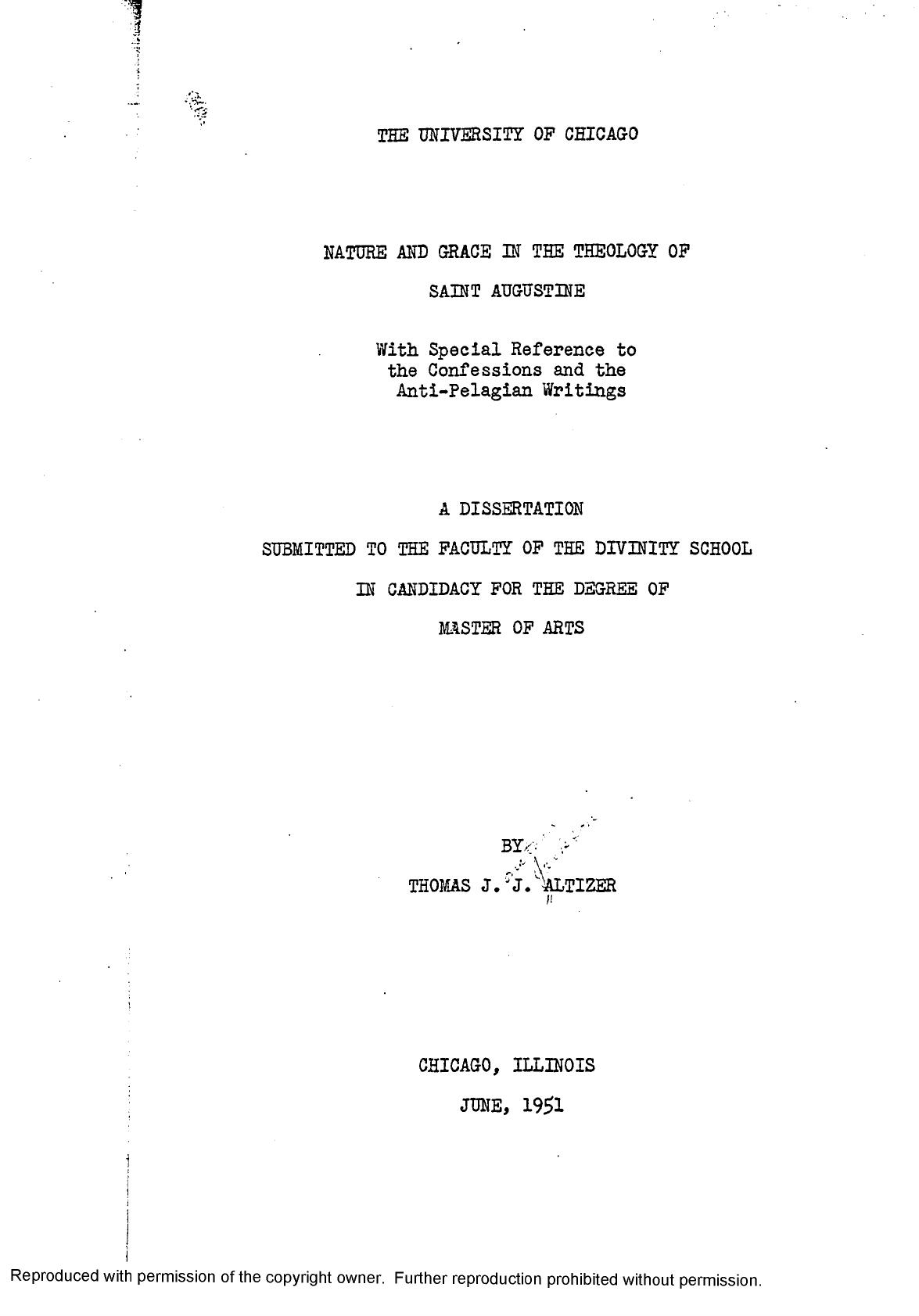 NATURE AND GRACE IN THE THEOLOGY OF SAINT AUGUSTINE by ALTIZER THOMAS JONATHAN JACKSON