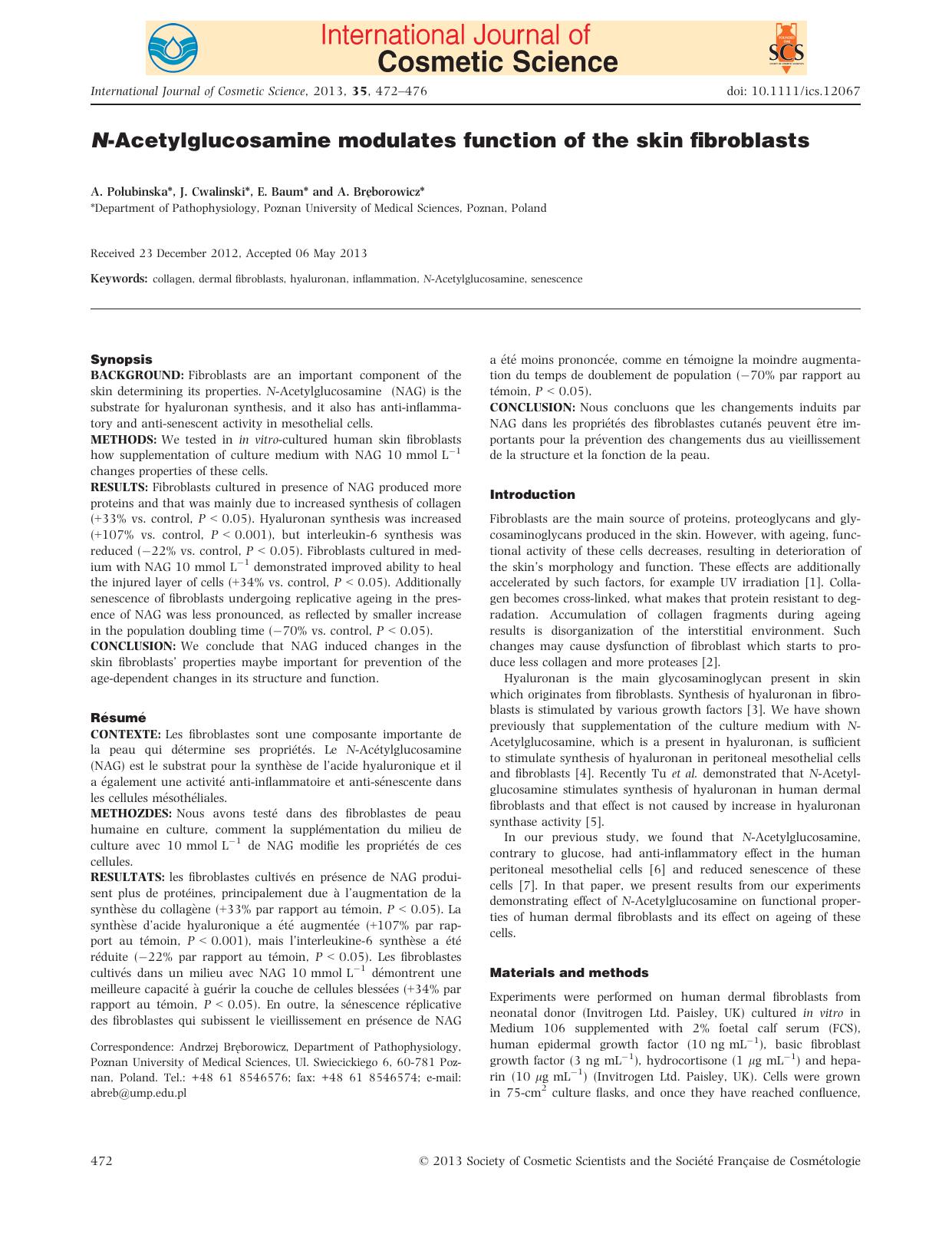 NAcetylglucosamine modulates function of the skin fibroblasts by Unknown