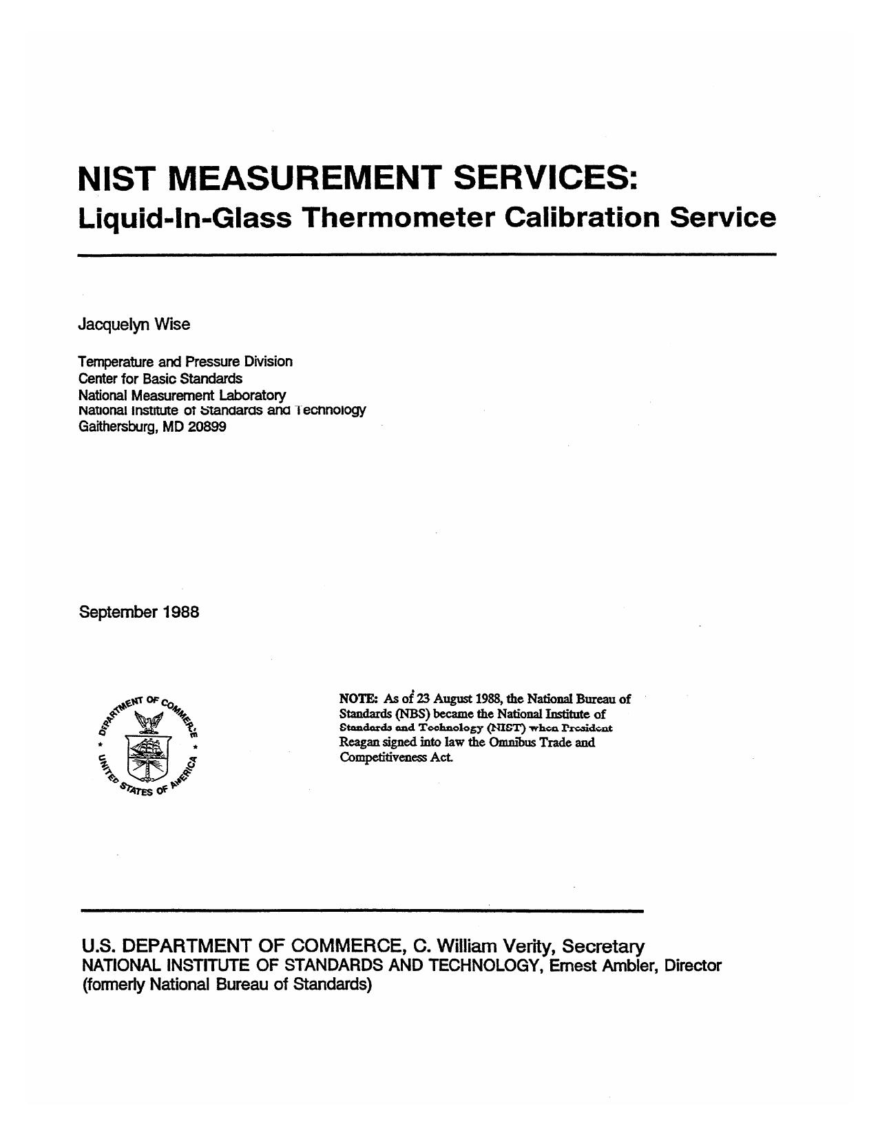 NBS Measurement Services: Liquid-In-Glass Thermometer Calibration Service by Jacquelyn Wise