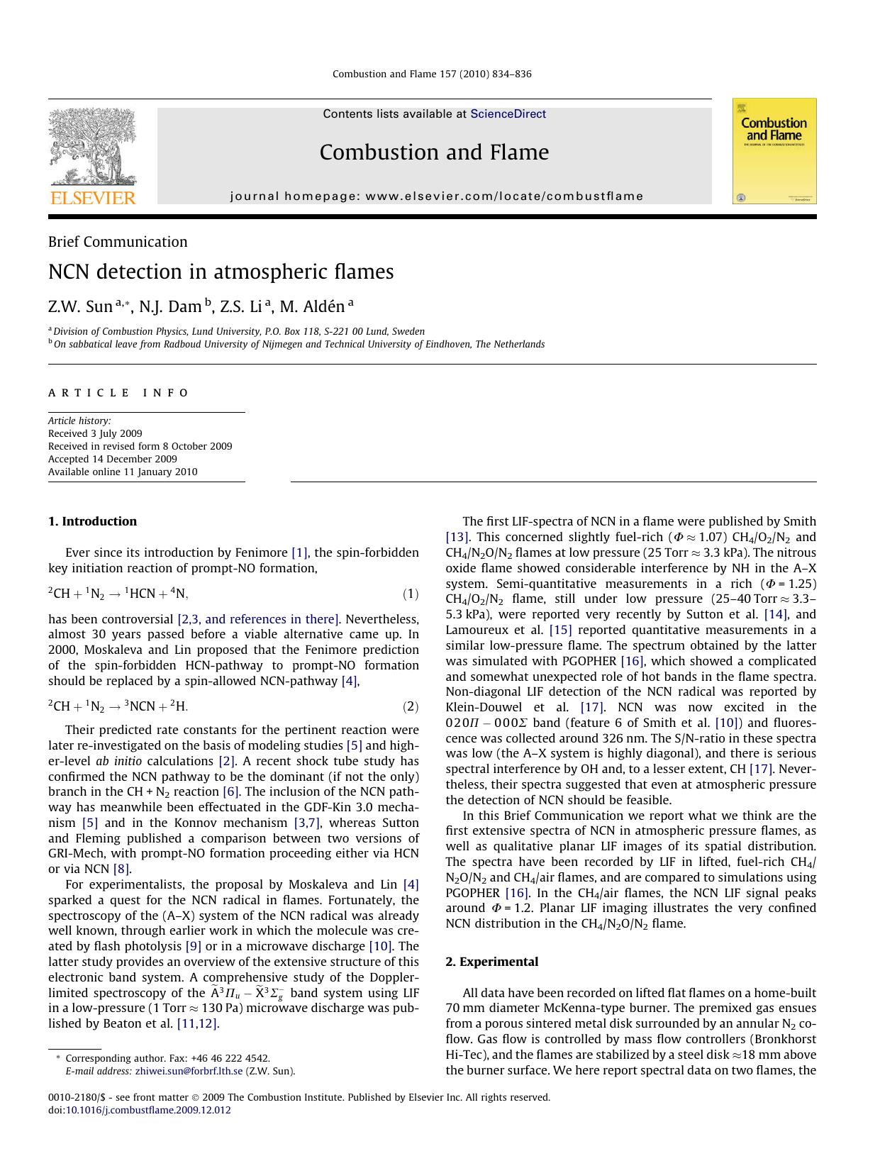 NCN detection in atmospheric flames by Z.W. Sun; N.J. Dam; Z.S. Li; M. Aldén