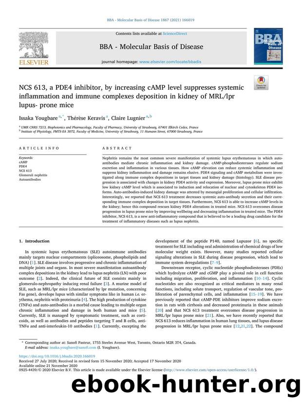 NCS 613, a PDE4 inhibitor, by increasing cAMP level suppresses systemic inflammation and immune complexes deposition in kidney of MRLlpr lupus- prone mice by Issaka Yougbare & Thérèse Keravis & Claire Lugnier