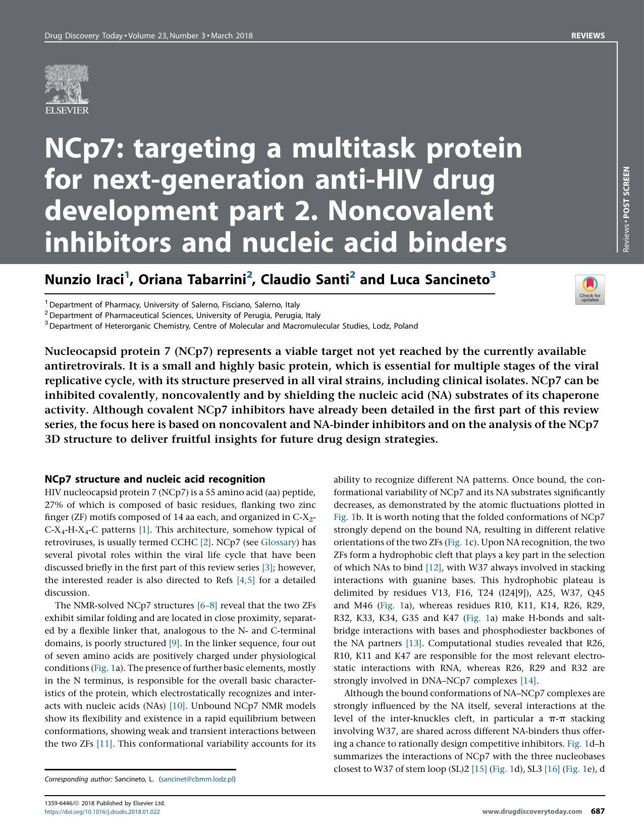 NCp7: targeting a multitask protein for next-generation anti-HIV drug development part 2. Noncovalent inhibitors and nucleic acid binders by Nunzio Iraci & Oriana Tabarrini & Claudio Santi & Luca Sancineto