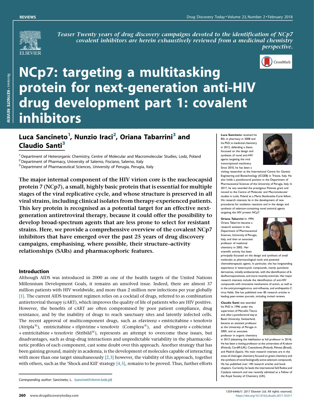 NCp7: targeting a multitasking protein for next-generation anti-HIV drug development part 1: covalent inhibitors by Luca Sancineto