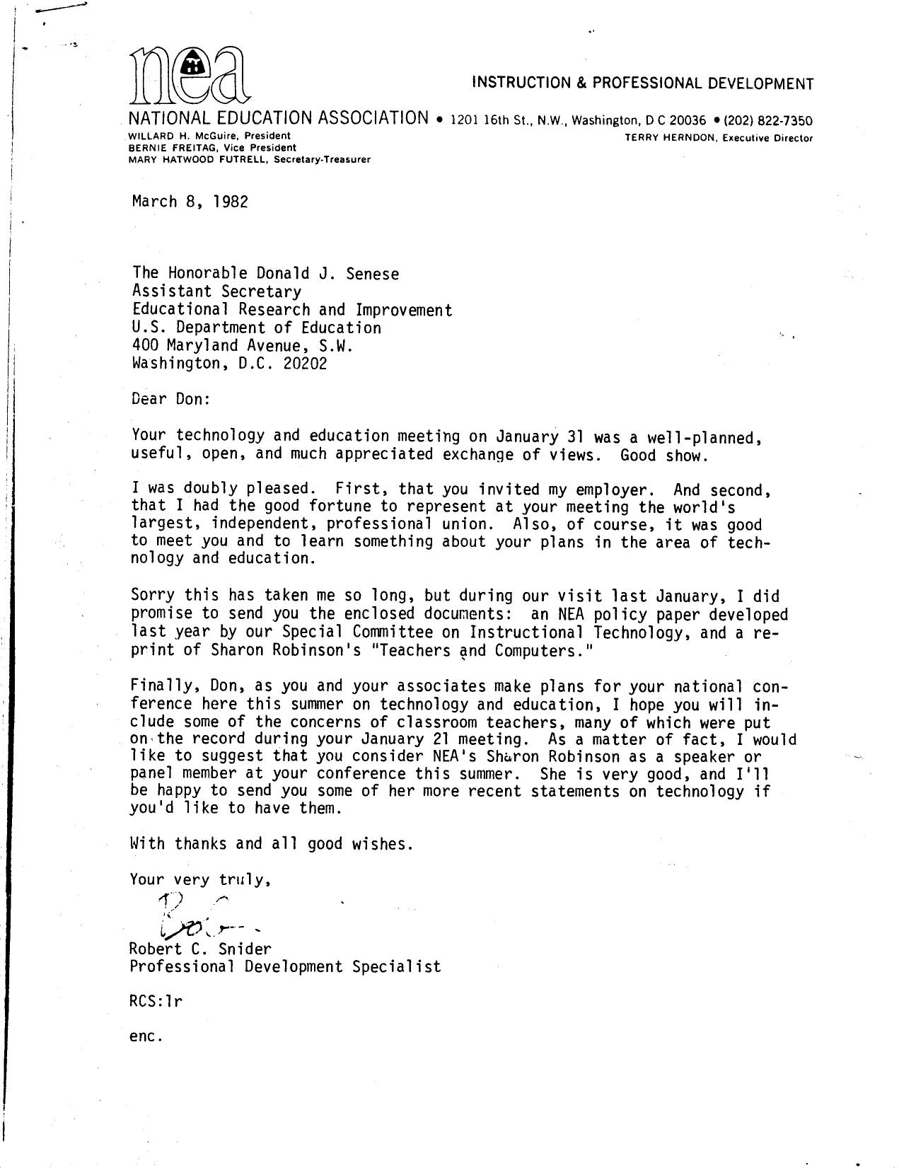 NEA Letter to Donald Senese from Robert Snider-Instructional and Prof Dev-1982-3pgs-GOV-EDU by Unknown