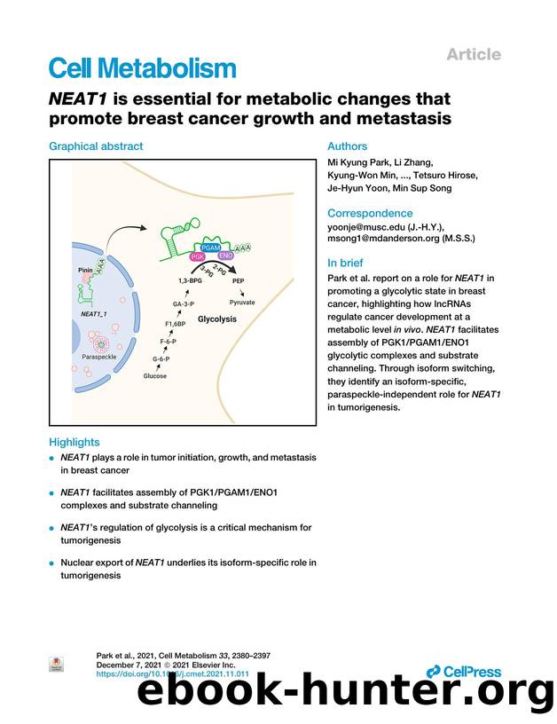 NEAT1 is essential for metabolic changes that promote breast cancer growth and metastasis by unknow