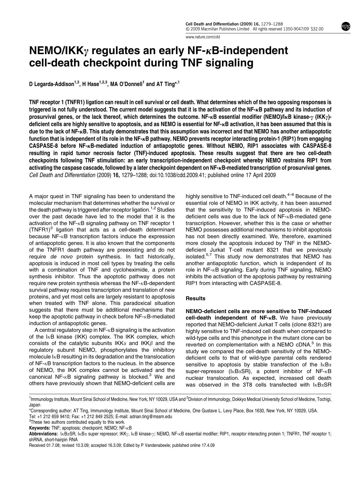 NEMO&sol;IKK&gamma; regulates an early NF-&kappa;B-independent cell-death checkpoint during TNF signaling by D Legarda-Addison & H Hase & M A O&'Donnell & A T Ting &