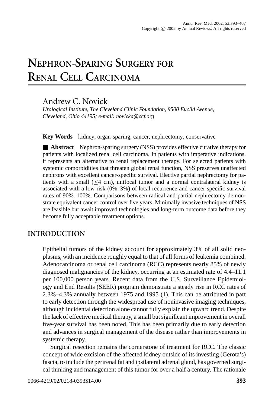 NEPHRON-SPARING SURGERY FOR RENAL CELL CARCINOMA by Andrew C. Novick