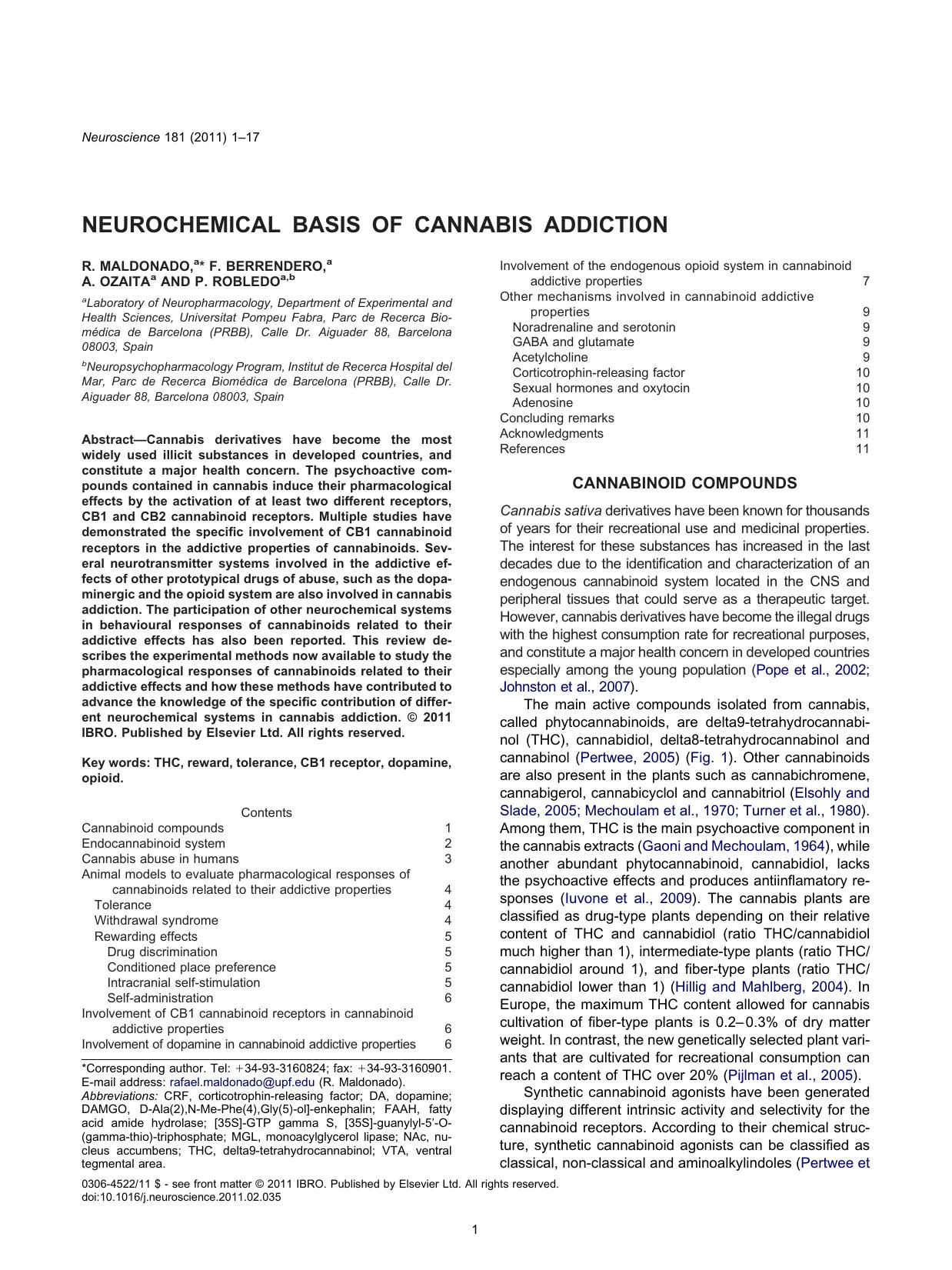 NEUROCHEMICAL BASIS OF CANNABIS ADDICTION by R. Maldonado & F. Berrendero & A. Ozaita & P. Robledo