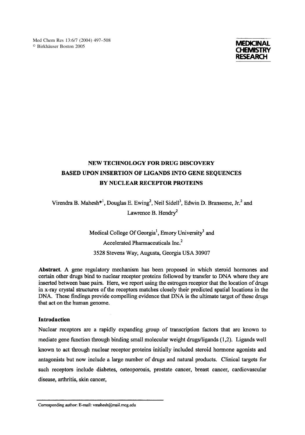 NEW TECHNOLOGY FOR DRUG DISCOVERY BASED UPON INSERTION OF LIGANDS INTO GENE SEQUENCES BY NUCLEAR RECEPTOR PROTEINS by Mahesh Virendra B.; et al
