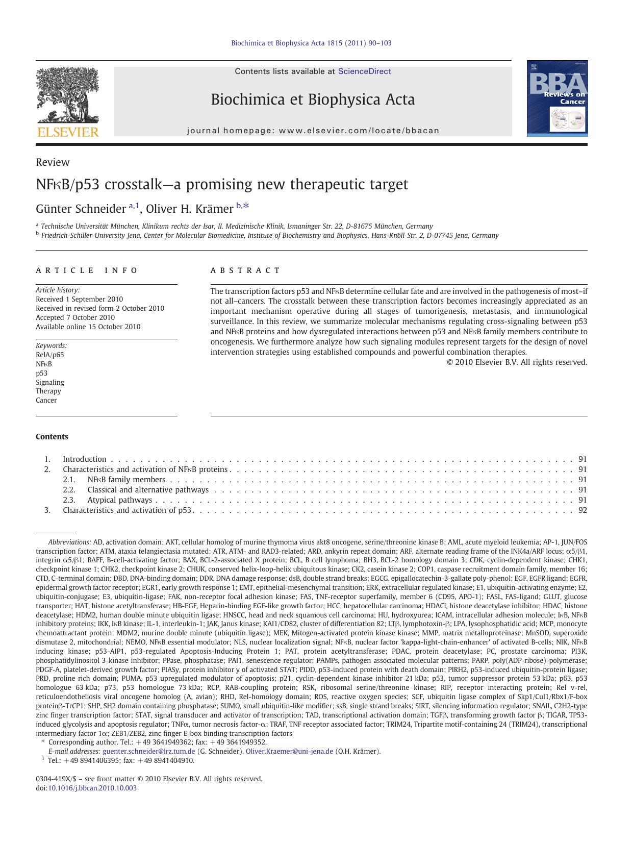 NFÎºBp53 crosstalkâa promising new therapeutic target by Günter Schneider & Oliver H. Krämer