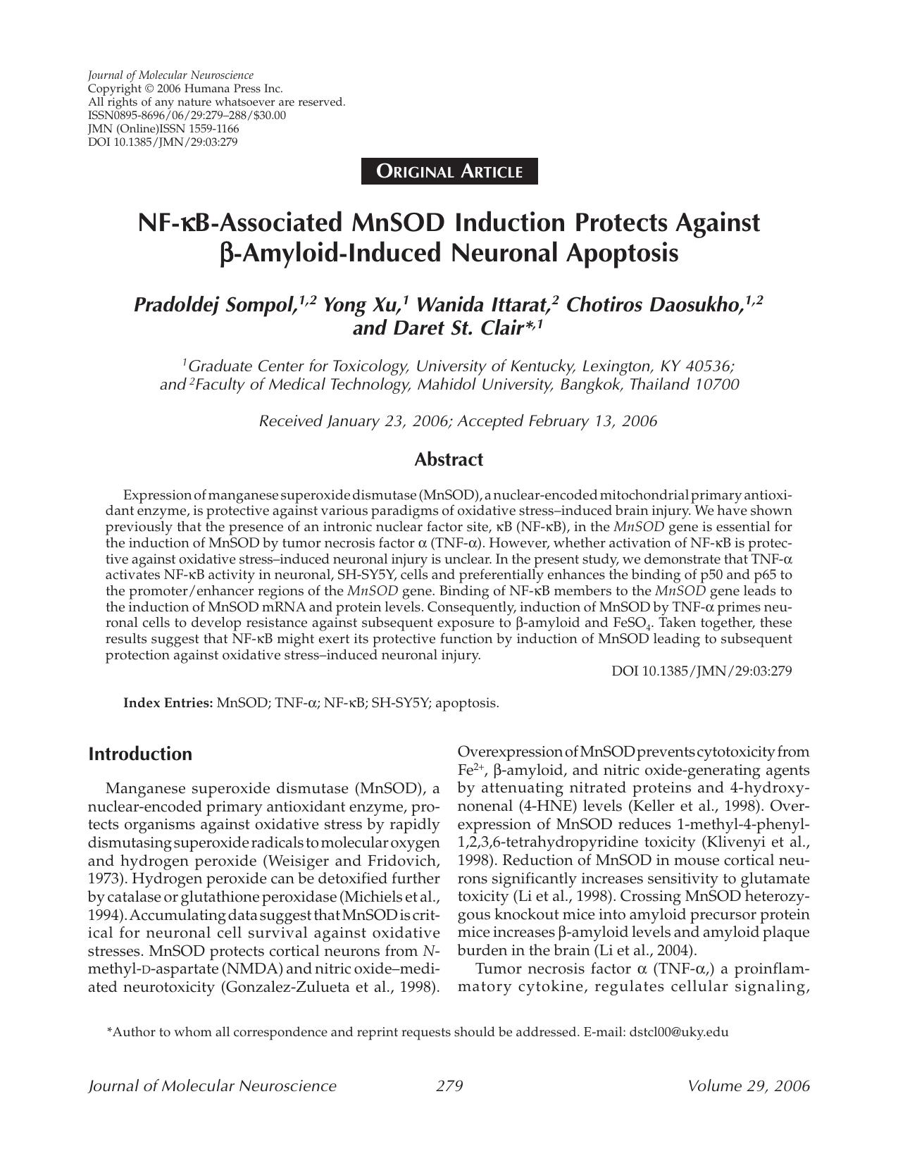 NF-&#x03BA;B-Associated MnSOD induction protects against &#x03B2;-amyloid-induced neuronal apoptosis by Unknown