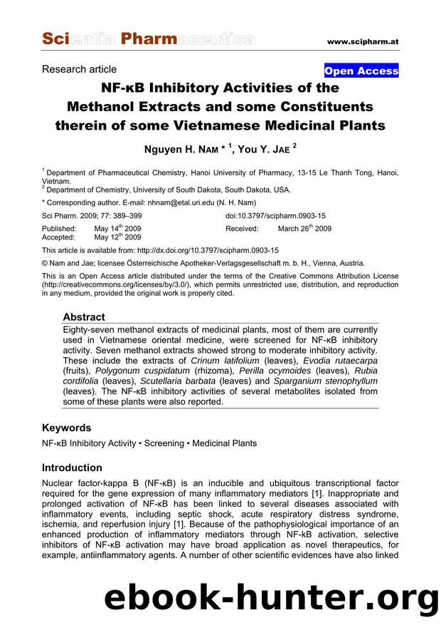 NF-ÎºB Inhibitory Activities of the Methanol Extracts and some Constituents therein of some Vietnamese Medicinal Plants by Nguyen H. NAM & You Y. JAE