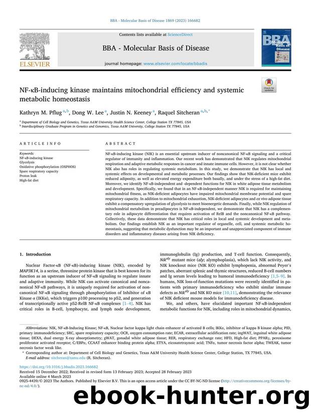 NF-ÎºB-inducing kinase maintains mitochondrial efficiency and systemic metabolic homeostasis by Kathryn M. Pflug & Dong W. Lee & Justin N. Keeney & Raquel Sitcheran