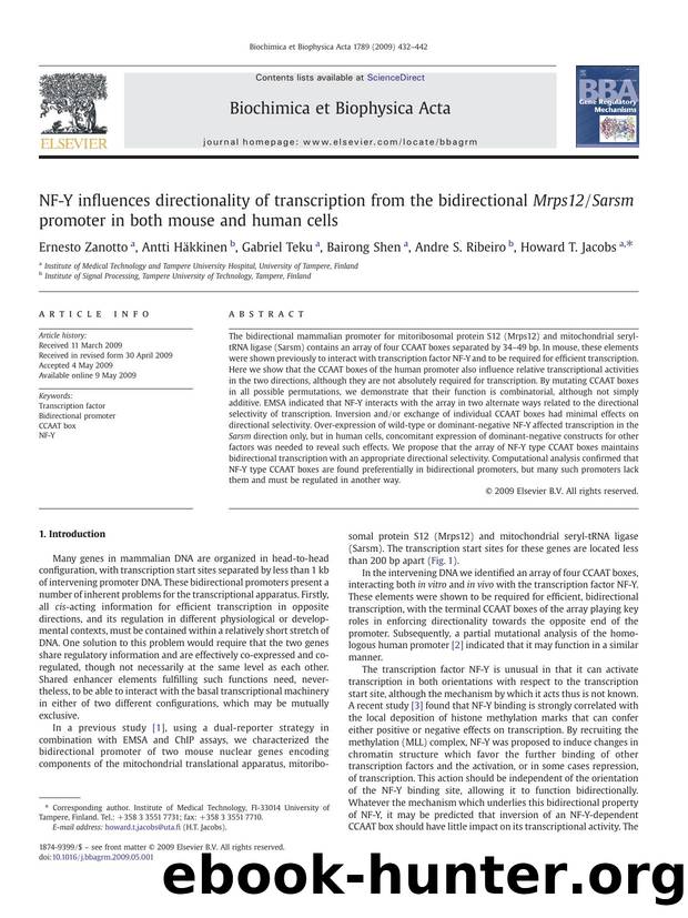 NF-Y influences directionality of transcription from the bidirectional Mrps12Sarsm promoter in both mouse and human cells by Ernesto Zanotto; Antti Häkkinen; Gabriel Teku; Bairong Shen; Andre S. Ribeiro; Howard T. Jacobs