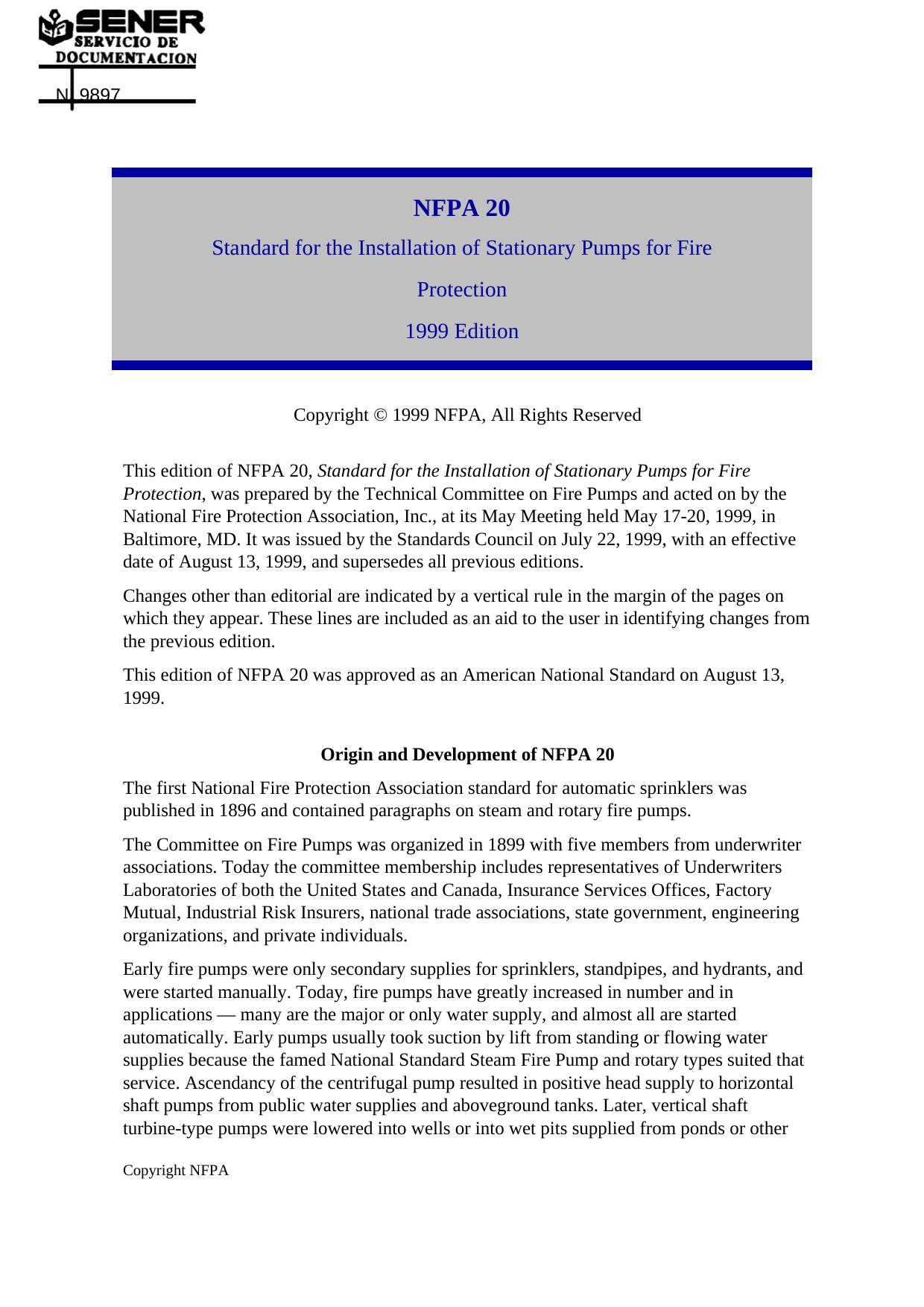 NFPA 20 - Standard for the Installation of Stationary Fire Pumps for Fire Protection by NFPA