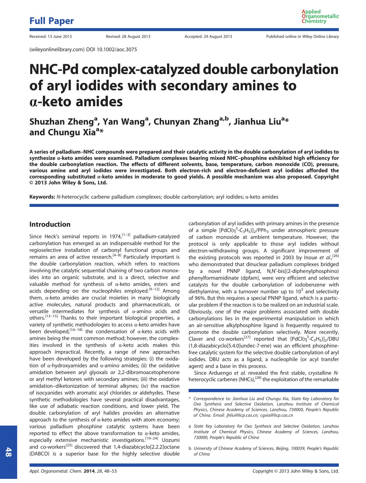 NHC-Pd complex-catalyzed double carbonylation of aryl iodides with secondary amines to -keto amides by Unknown