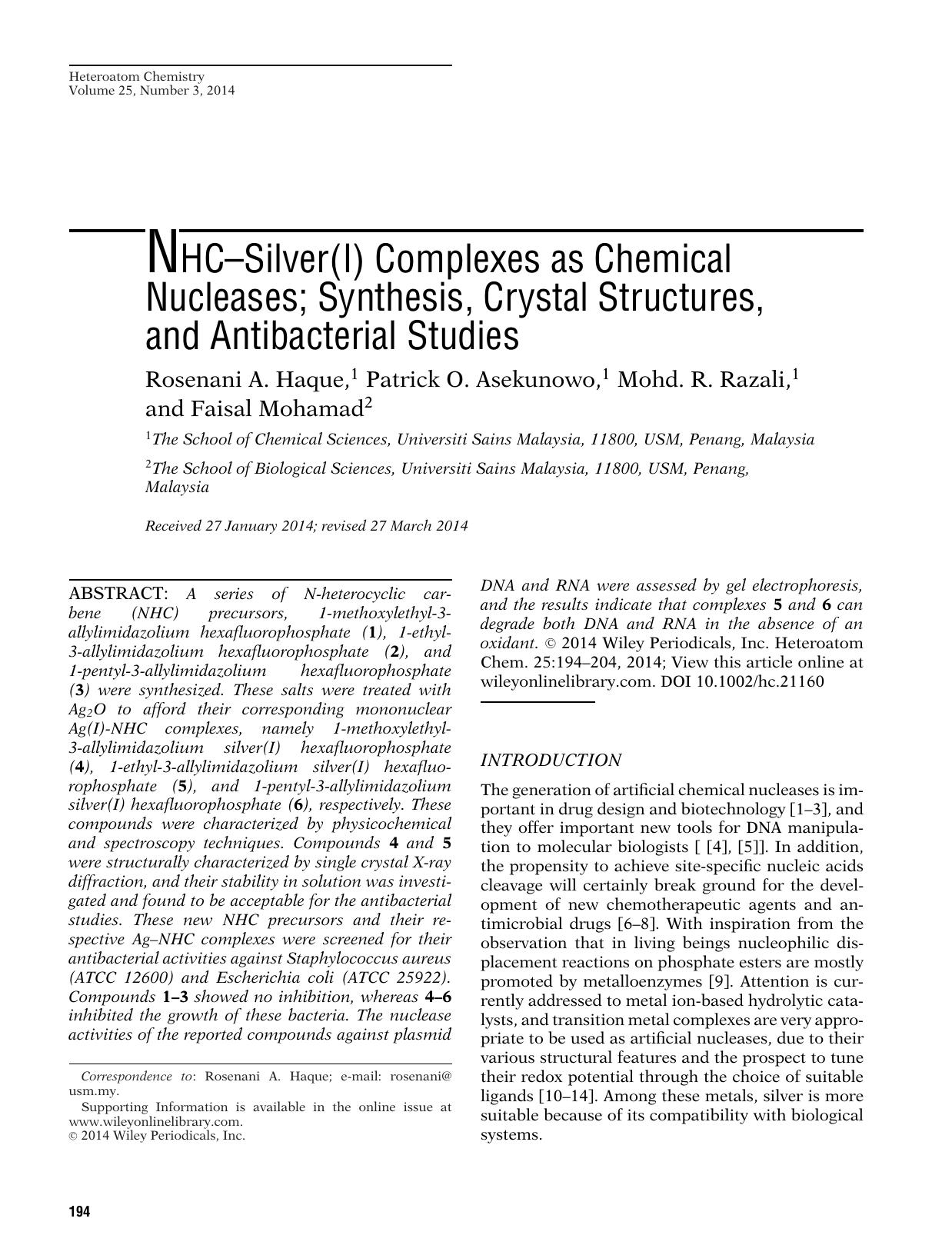 NHCSilver(I) Complexes as Chemical Nucleases; Synthesis, Crystal Structures, and Antibacterial Studies by Unknown