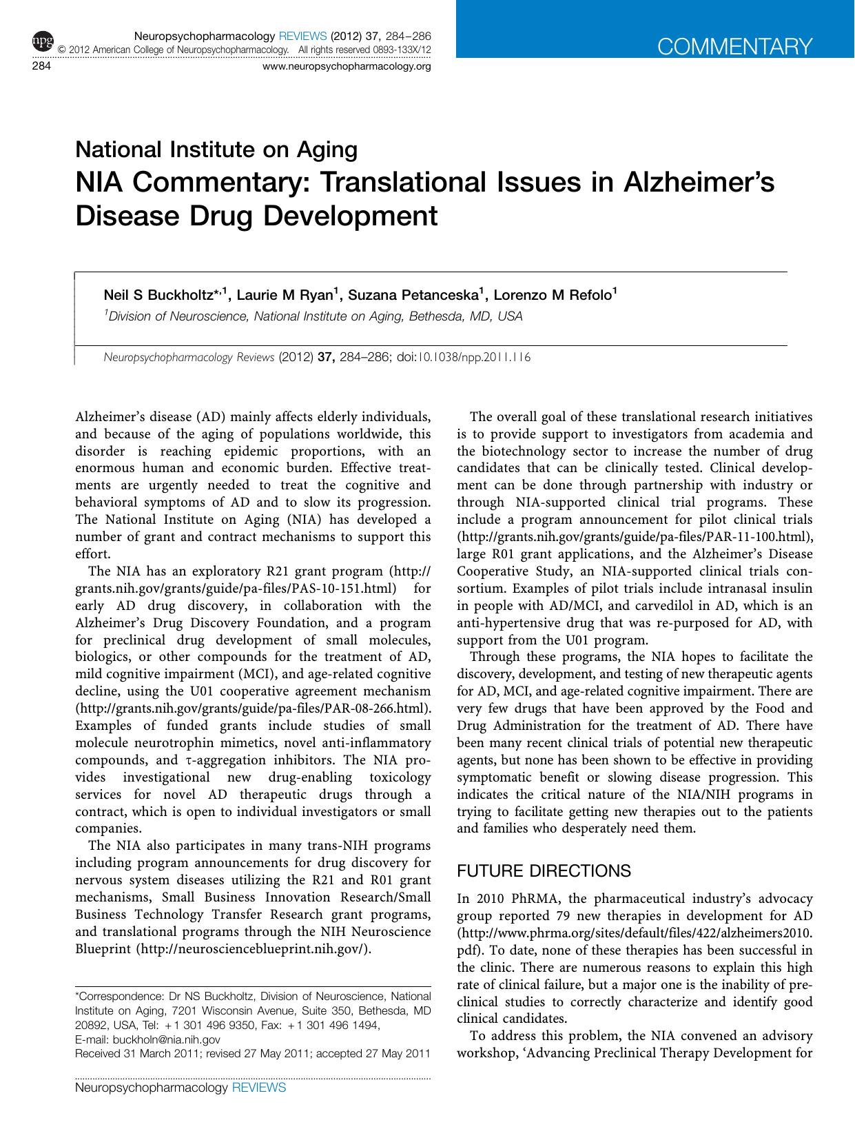 NIA Commentary: Translational Issues in Alzheimer&rsquo;s Disease Drug Development by Neil S Buckholtz & Laurie M Ryan & Suzana Petanceska & Lorenzo M Refolo