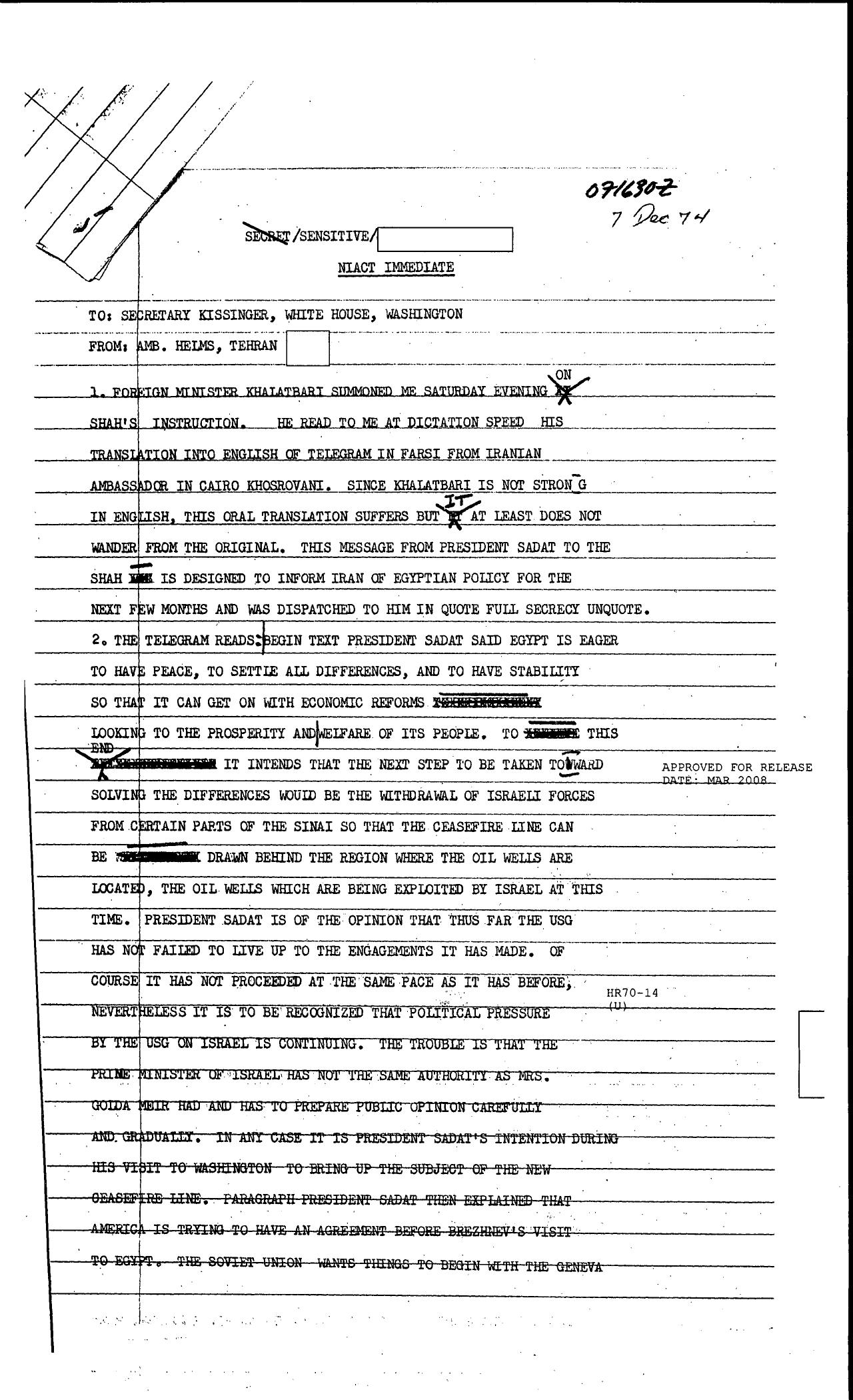 NIACT Immediate Helms to Kissinger, Foreign Minister Khalat... 74 1503907 by Unknown