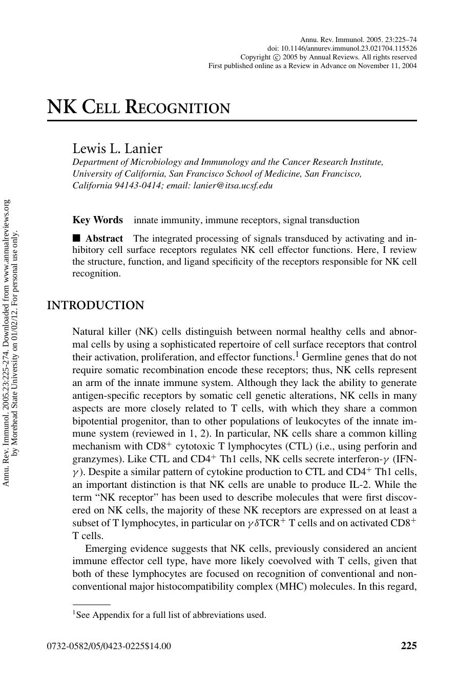 NK CELL RECOGNITION by Lewis L. Lanier