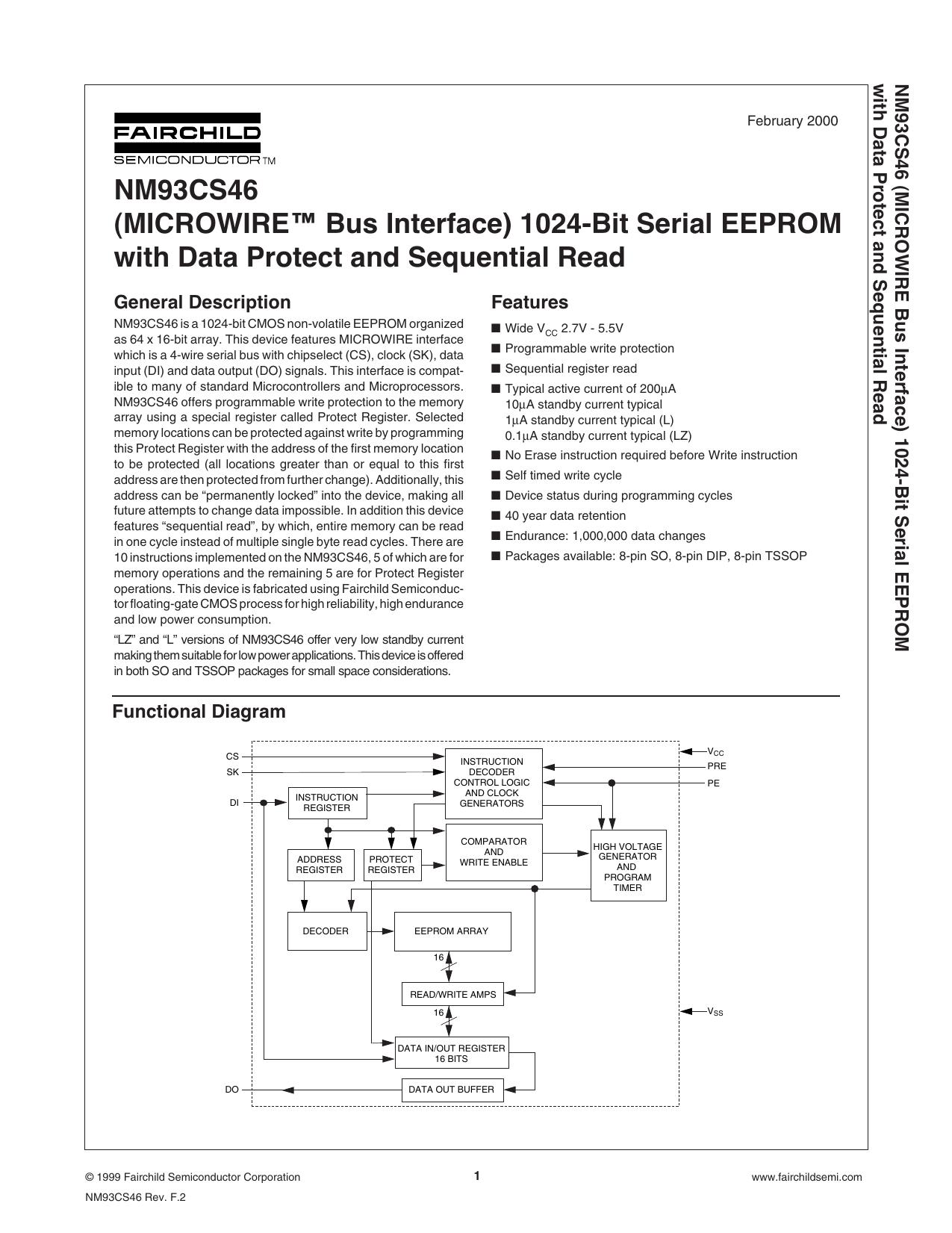 NM93CS46 (MICROWIRE Bus Interface) 1024-Bit Serial EEPROM with Data Protect and Sequential Read by Unknown