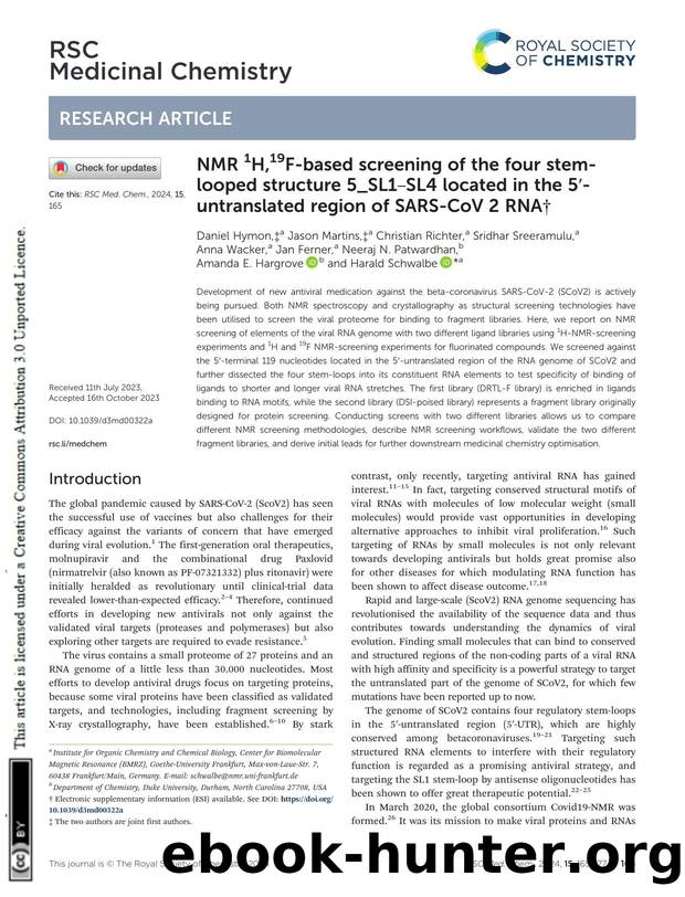 NMR 1H,19F-based screening of the four stem-looped structure 5_SL1âSL4 located in the 5â²-untranslated region of SARS-CoV 2 RNA by unknow