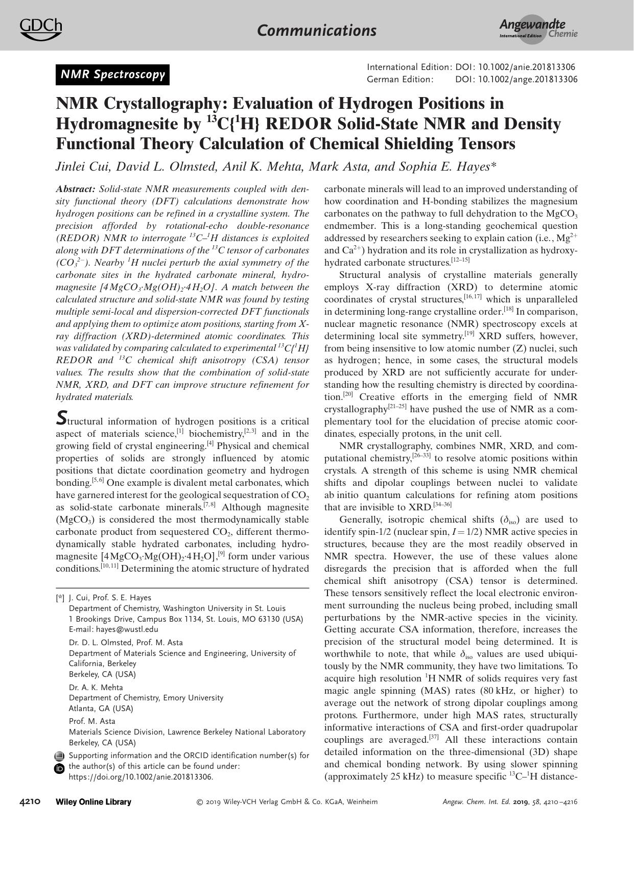 NMR Crystallography: Evaluation of Hydrogen Positions in Hydromagnesite by 13C{1H} REDOR SolidâState NMR and Density Functional Theory Calculation of Chemical Shielding Tensors by Unknown