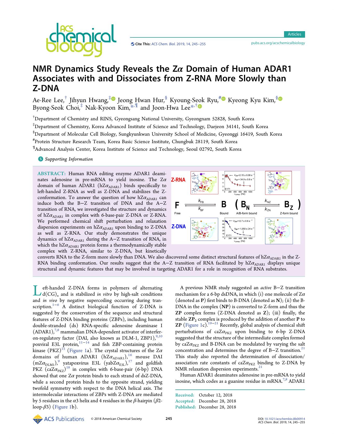 NMR Dynamics Study Reveals the ZÎ± Domain of Human ADAR1 Associates with and Dissociates from Z-RNA More Slowly than Z-DNA by unknow