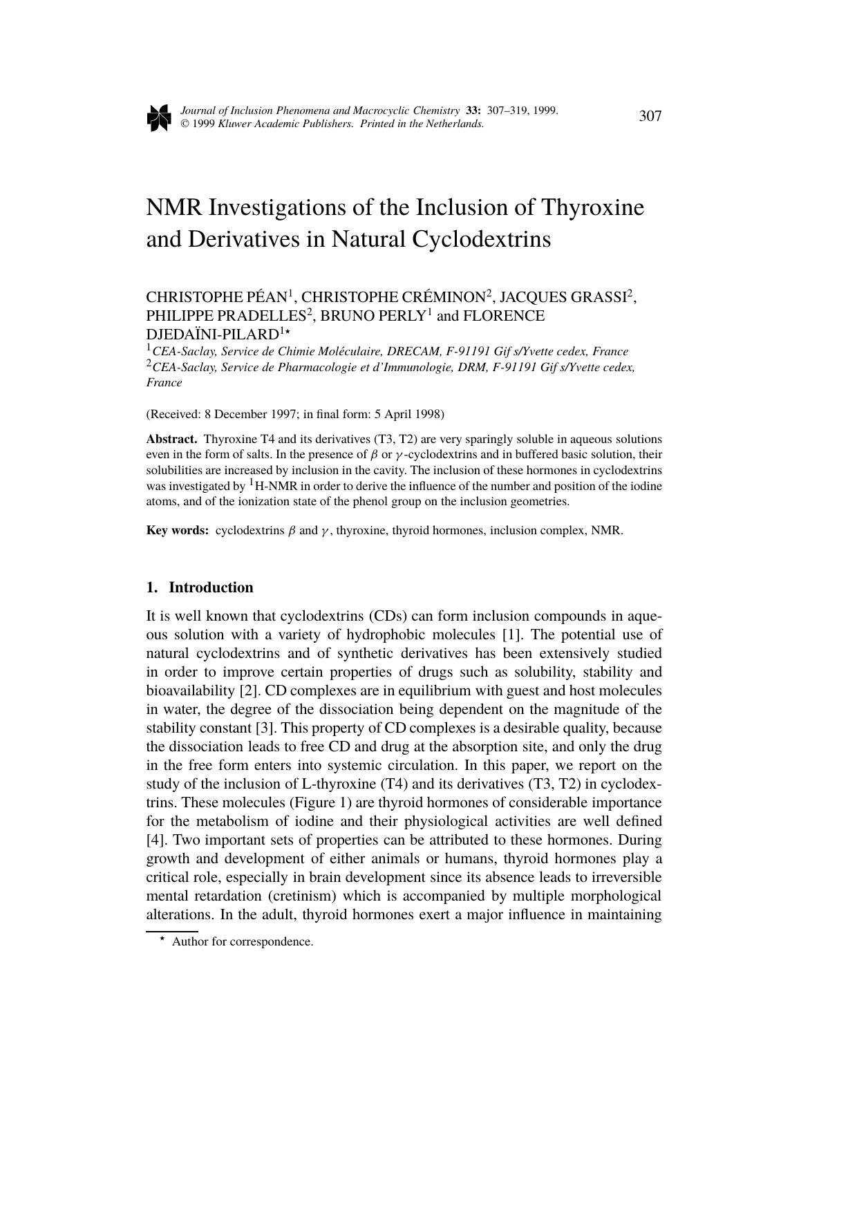 NMR Investigations of the Inclusion of Thyroxine and Derivatives in Natural Cyclodextrins by Unknown