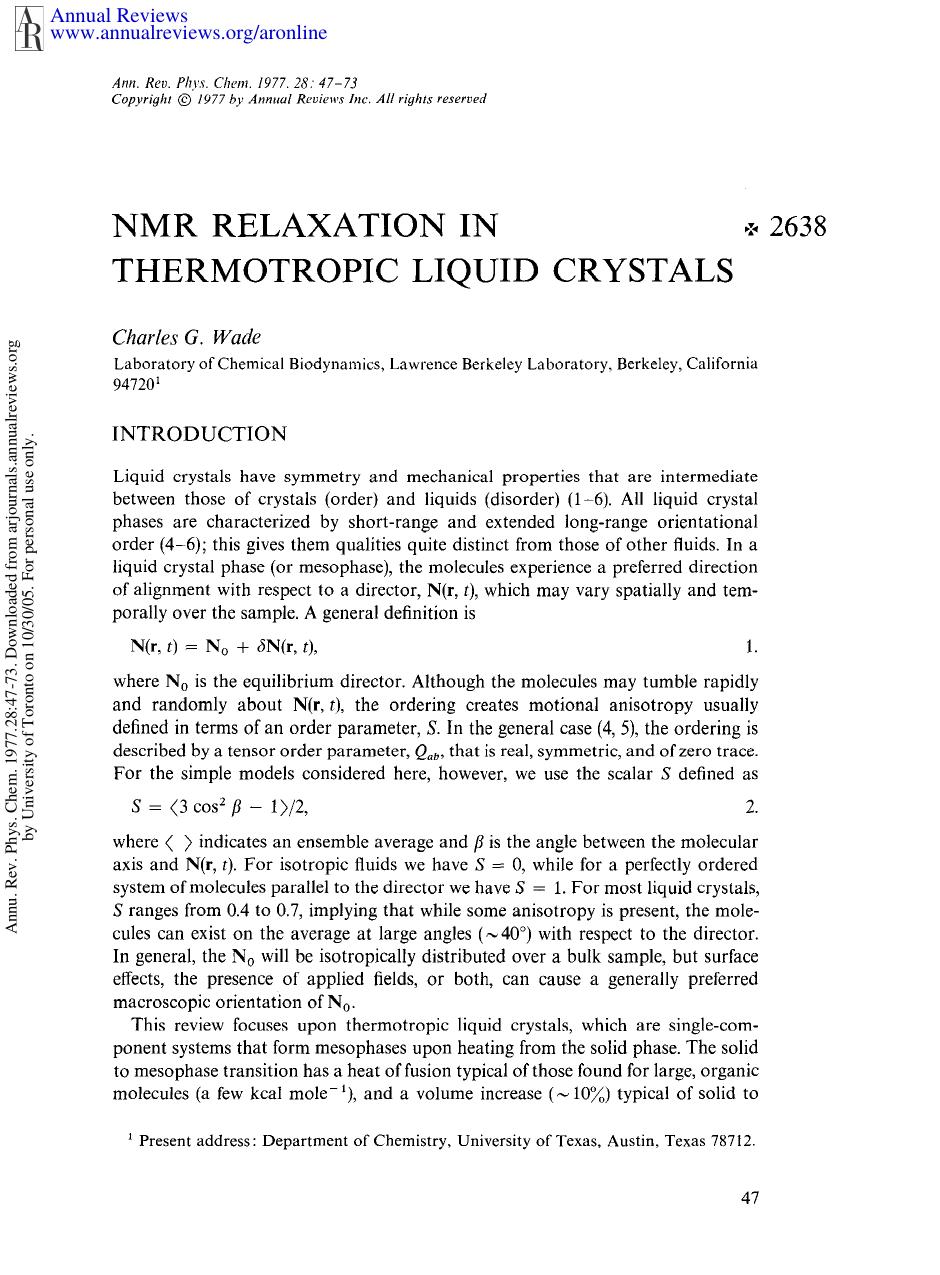 NMR Relaxation in Thermotropic Liquid Crystals by C G Wade