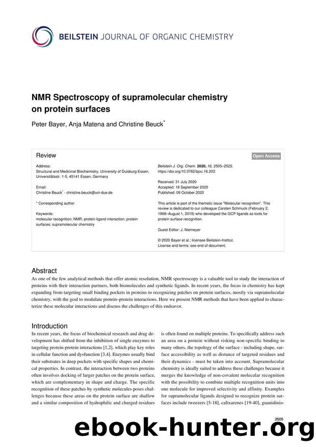 NMR Spectroscopy of supramolecular chemistry on protein surfaces by Peter Bayer Anja Matena Christine Beuck