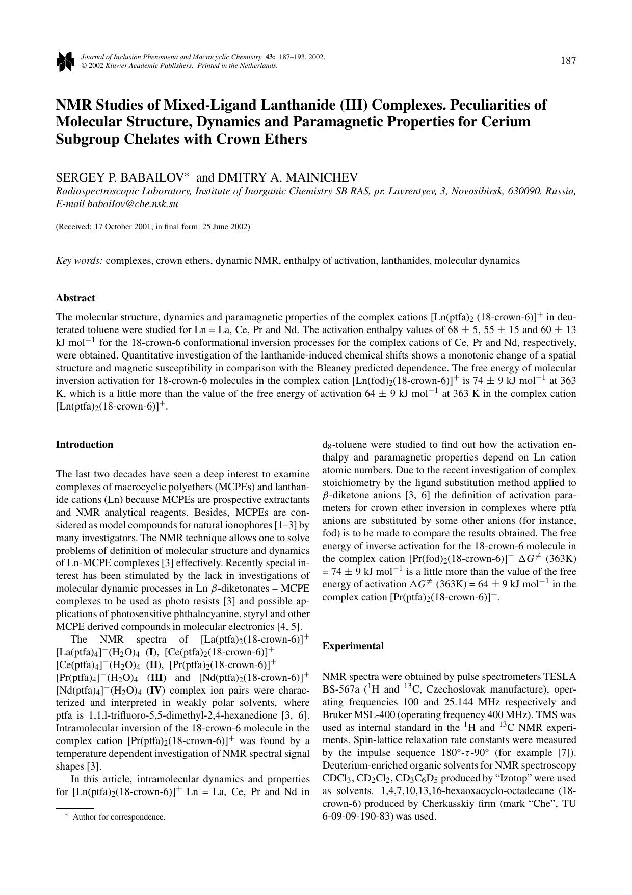NMR Studies of Mixed-Ligand Lanthanide (III) Complexes. Peculiarities of Molecular Structure, Dynamics and Paramagnetic Properties for Cerium Subgroup Chelates with Crown Ethers by Unknown
