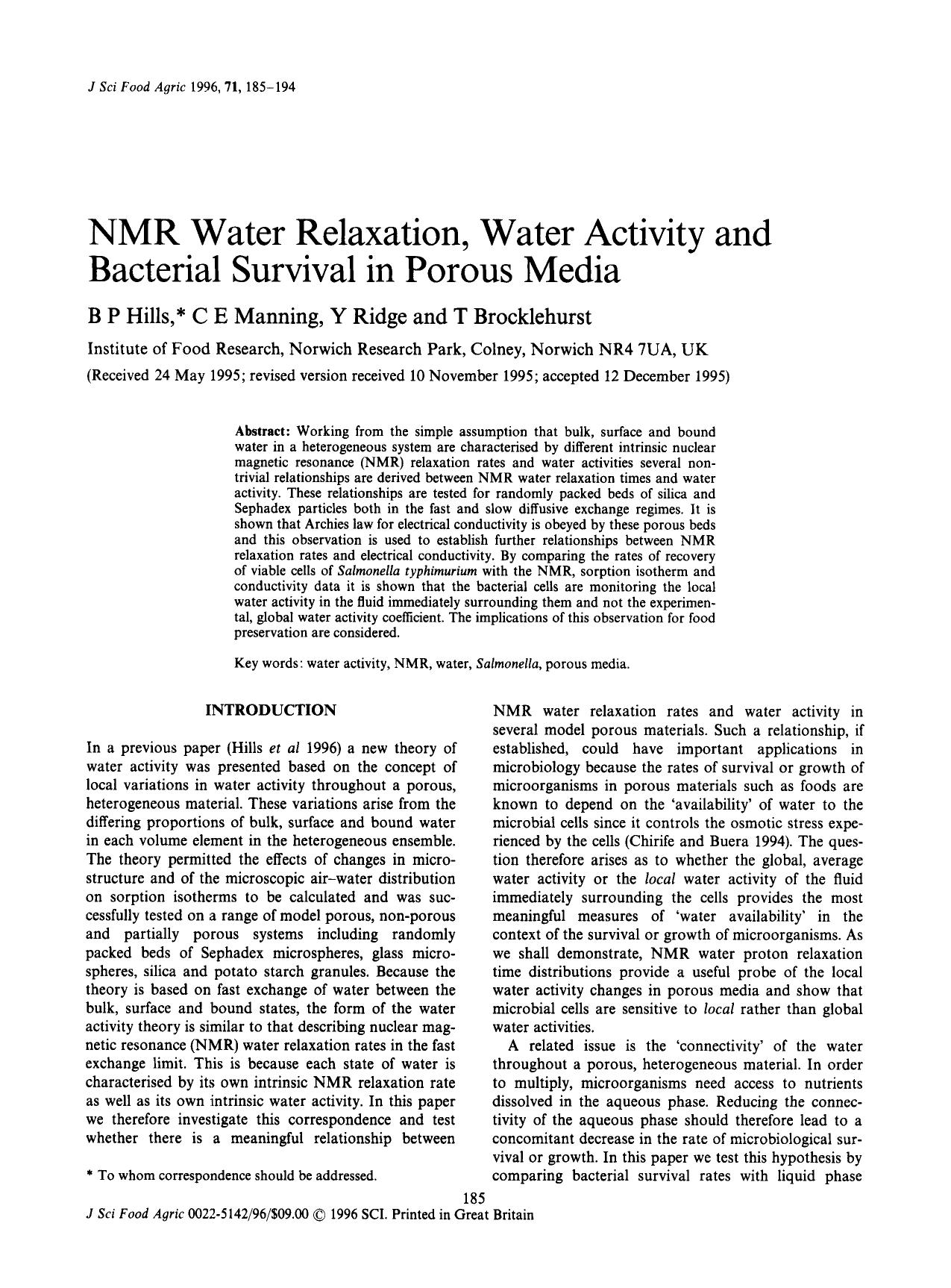 NMR Water Relaxation, Water Activity and Bacterial Survival in Porous Media by Unknown