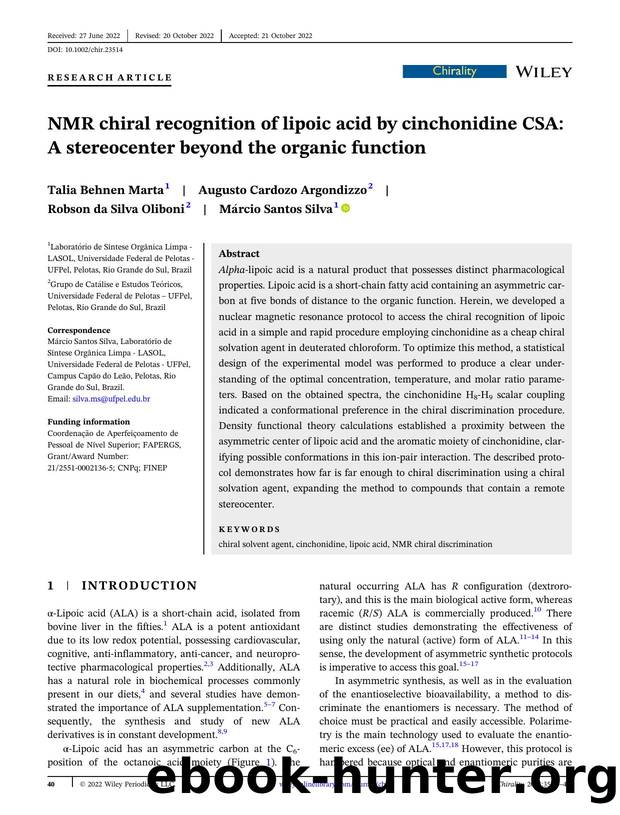 NMR chiral recognition of lipoic acid by cinchonidine CSA: A stereocenter beyond the organic function by Talia Behnen Marta Augusto Cardozo Argondizzo Robson Silva Oliboni Márcio Santos Silva
