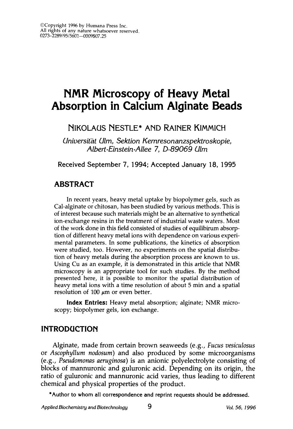 NMR microscopy of heavy metal absorption in calcium alginate beads by Unknown