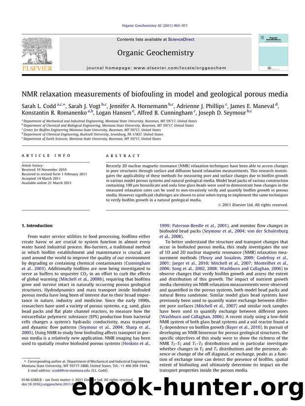 NMR relaxation measurements of biofouling in model and geological porous media by unknow