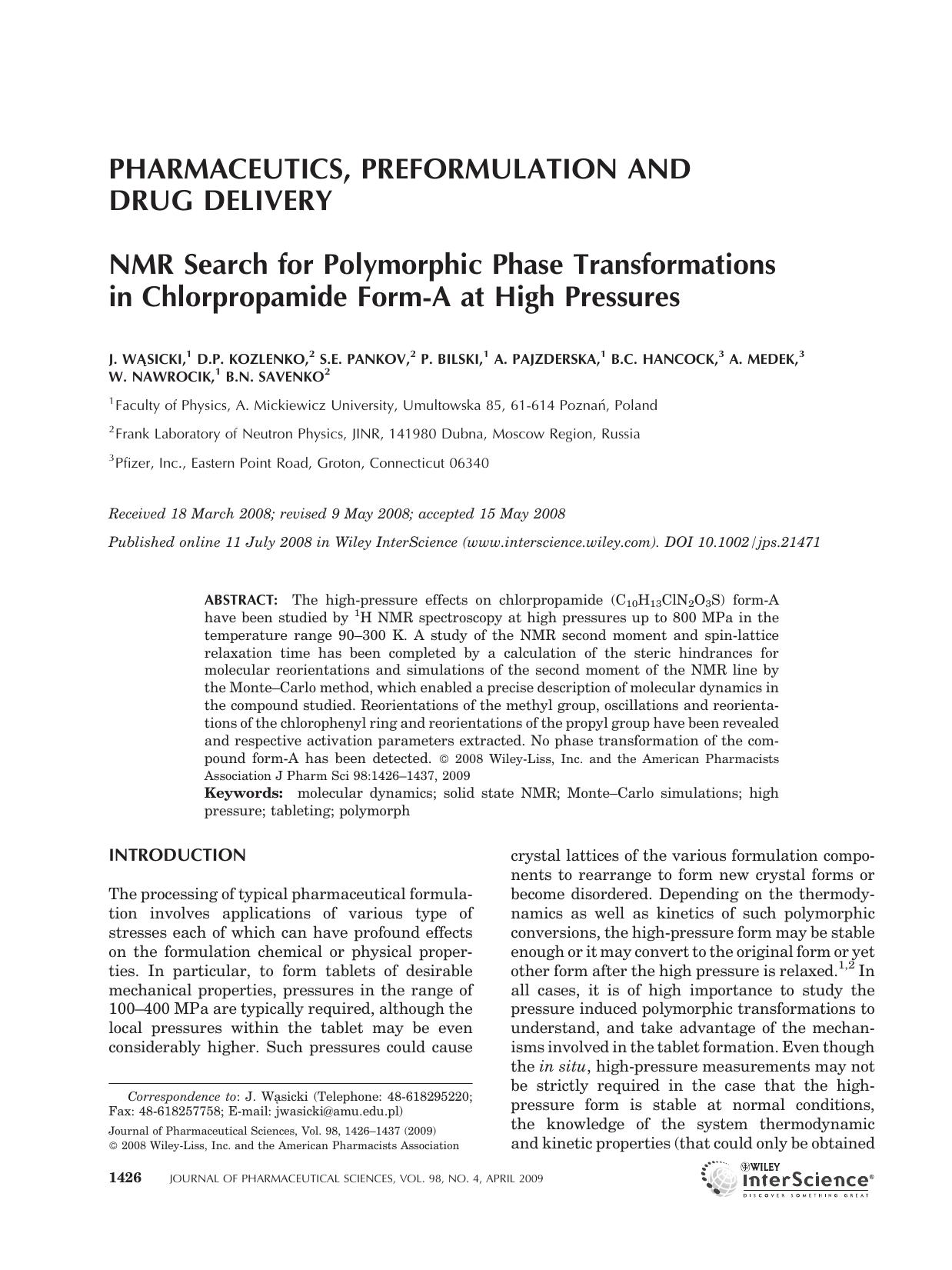 NMR search for polymorphic phase transformations in chlorpropamide form-A at high pressures by Unknown